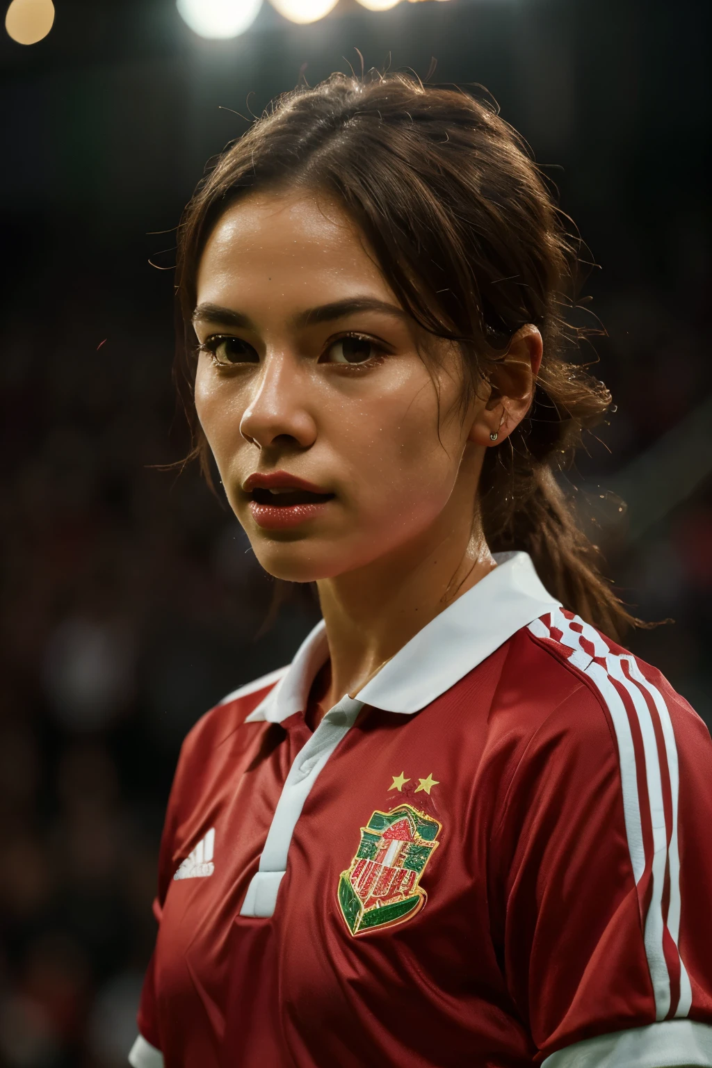highres,absurdres,masterpiece,best quality,original,extremely detailed CG,extremely detailed wallpaper,perfect lighting,jitome,lips,makeup,standing on the stage,blurry background,
retrosoccer,vintage soccer uniforme,