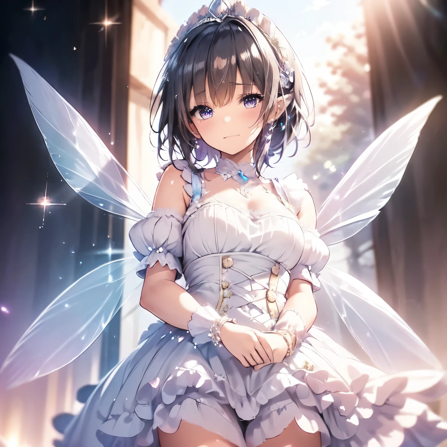 (highest quality, Very detailed, beautiful, Exquisite, 16k, Full HD), Looking down,(Sleep on your back,On the bed),((soft, Sparkly layered dress)),A large and beautiful dress inspired by rose flowers, Hanabubuki,The screen is surrounded by flowers,Frills,Decorated with rhinestones、Ball gown with intricate waves,(Art Station, Fantasy art:1.2), pastel colour,((Giant white fairy wings:1.5)),(fluffy hair,tiara,anklet,Long eyelashes, beautiful purple eyes,Cheeks are pale pink,fluffy),Dazzling Light, Warm lighting,Bright light,Romantic light, Black Hair