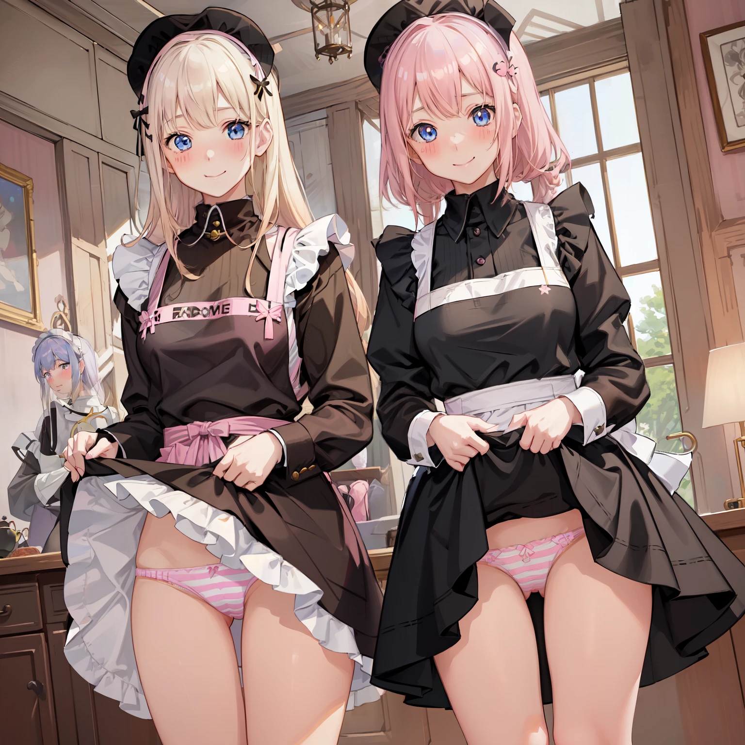 highest quality、masterpiece、((2 women:1.5))、((smile:1.3))、(blush:1.3)、Black Shirt、blouse、((fun!!))、(Small breasts)、()、Blonde、(Long sleeve)、((White apron:1.5))、((Maid))、((hair ornaments)),、Kamimei、look at me、 ((in house:1.5))、 Taking a break from watching the audience、Cowboy Shot、(Skirt lift:1.3),(Highly detailed pink striped panties:1.3)、(Highly detailed panties:1.3)、、(スカート that rolls up:1.3)、(Panties fully exposed:1.5)、Light blue eyes、long hair、Glowing Eyes