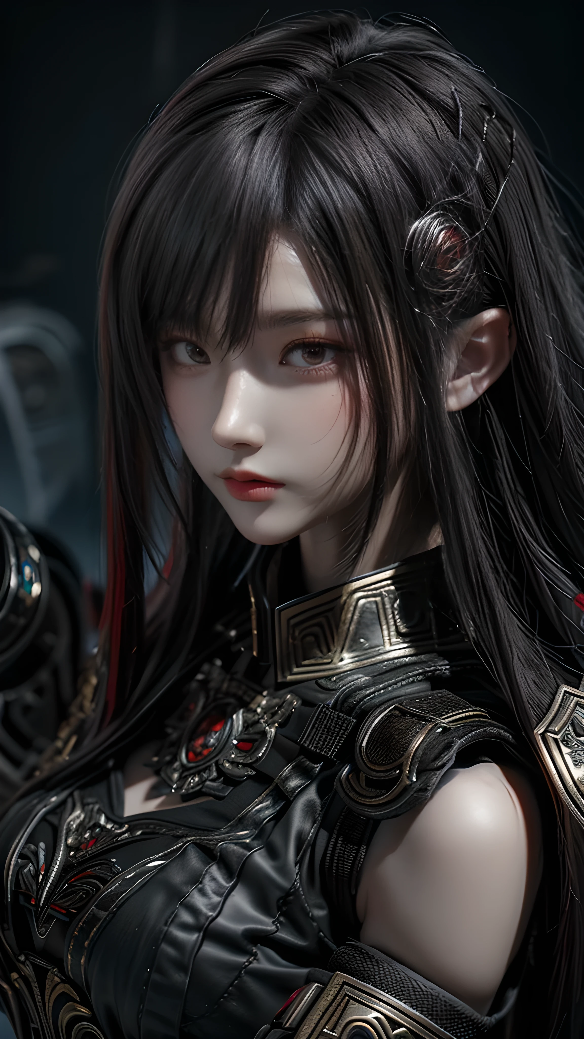 masterpiece,Game Art,Best picture quality,Maximum resolution,8k,(portrait),Unreal Engine 5 rendering works,(Digital Photography),((portrait Feature:1.5)),
20 year old girl,Short hair details,Long bangs,(The red eye makeup is carefully applied),(With long gray hair:1.4),(Large target, plump breasts),Elegance and nobility,Brave and charming,
(The future armor combines the characteristics of Chinese armor,hollow-carved design,Power Armor,Mysterious oriental runes,Exquisite clothing patterns,Magic Flash),Future Warrior,Cyberpunk Characters,War Background,
Movie Lighting,Ray Tracing,Game CG,((3D Unreal Engine)),OC rendering reflection mode