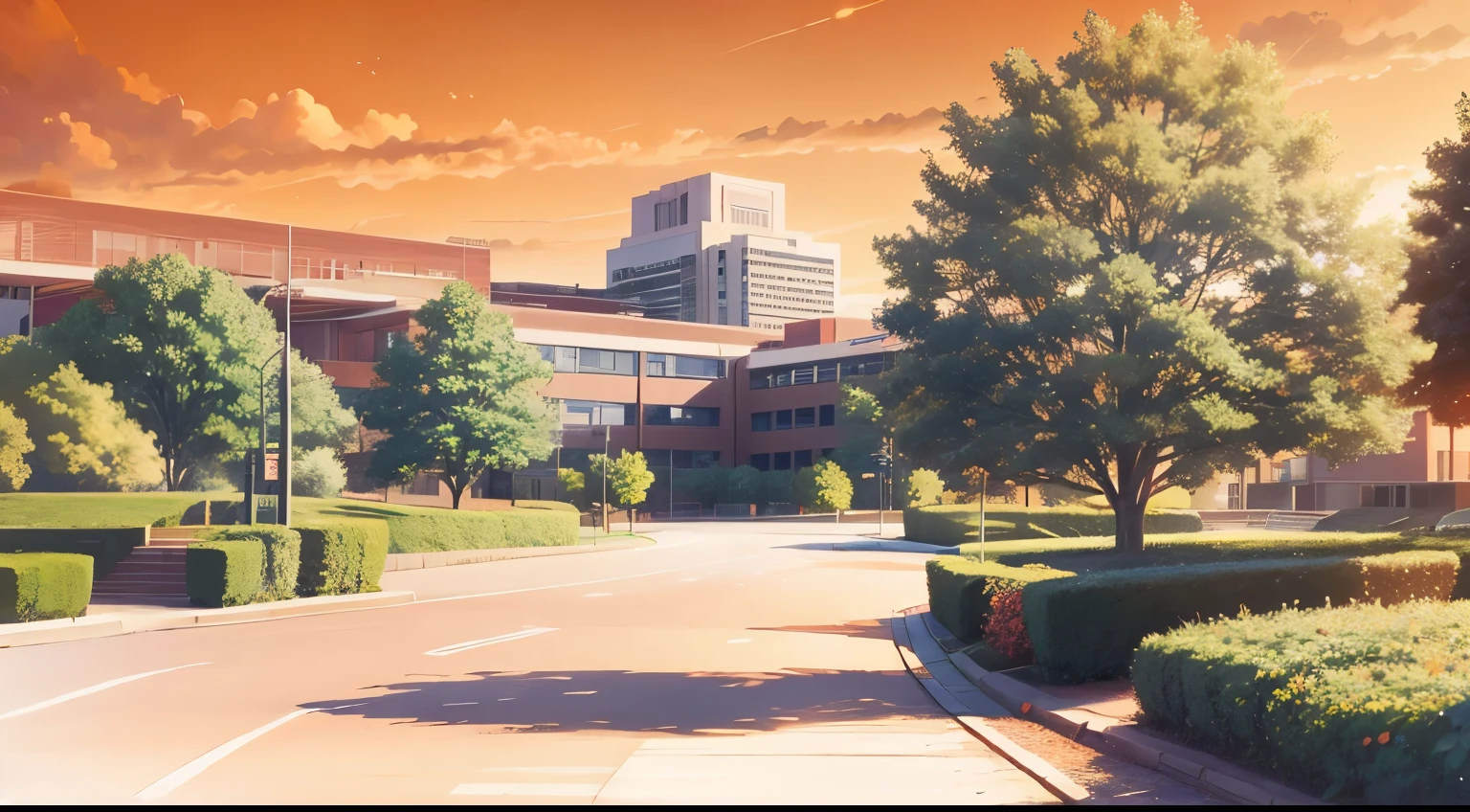 campus, university, sunset, orange sky, anime, background