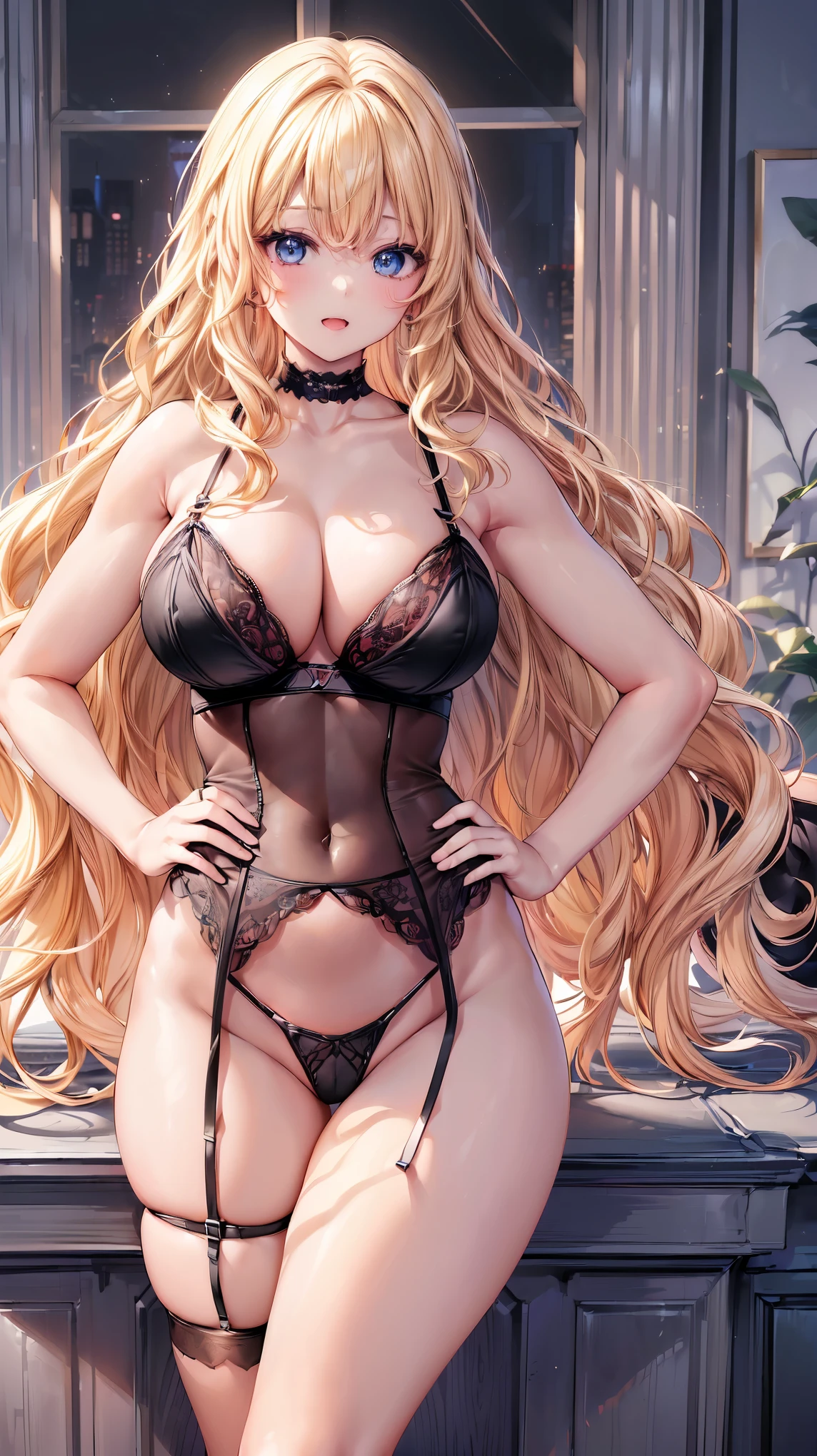 (Adult women:1.5)、Very detailed、highest quality、Best image quality、masterpiece、8k、Anime Face、A kind smile、(Open your mouth:1.3)、Sparkling blue eyes、(Blonde Wavy Hair:1.5)、、Muscles of the whole body、(High leg:1.5)、Thigh belt、(Wearing black lingerie:1.5)、(Cowboy Shot:1.5)、(SFW Giant)、(Put your hands on your hips)