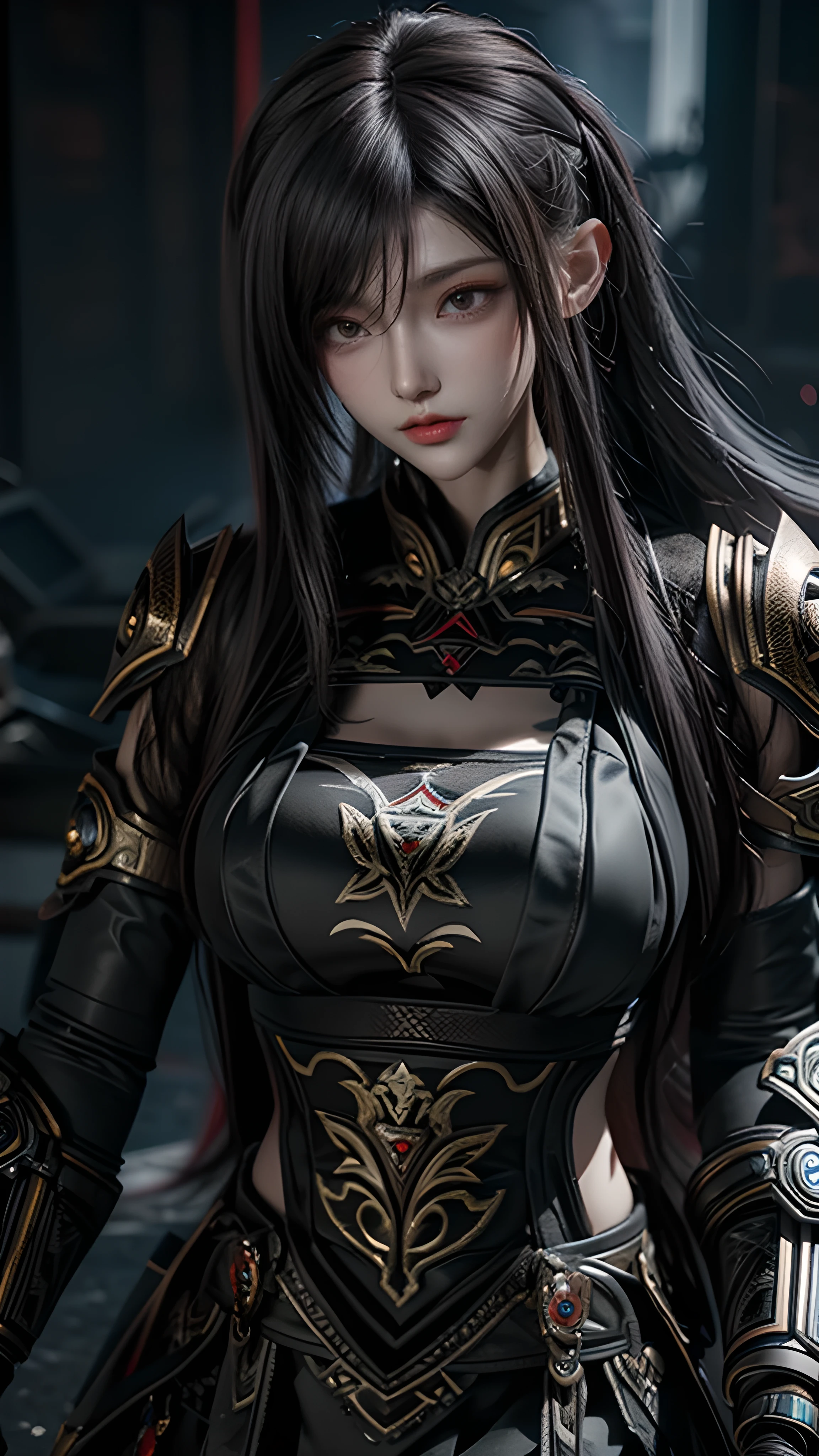 masterpiece,Game Art,Best picture quality,Maximum resolution,8k Unreal Engine 5 rendering,(Digital Photography),((Portrait:1.5)),
20 year old girl,Short hair details,Long bangs,(The red eye makeup is carefully applied),(With long gray hair:1.4),(Large target, plump breasts),Elegance and nobility,Brave and charming,
(The future armor combines the characteristics of Chinese armor,hollow-carved design,Power Armor,Mysterious oriental runes,Exquisite clothing patterns,Magic Flash),Future Warrior,Cyberpunk Characters,War Background,
Movie Lighting，Ray Tracing，Game CG，((3D Unreal Engine))，OC rendering reflection mode