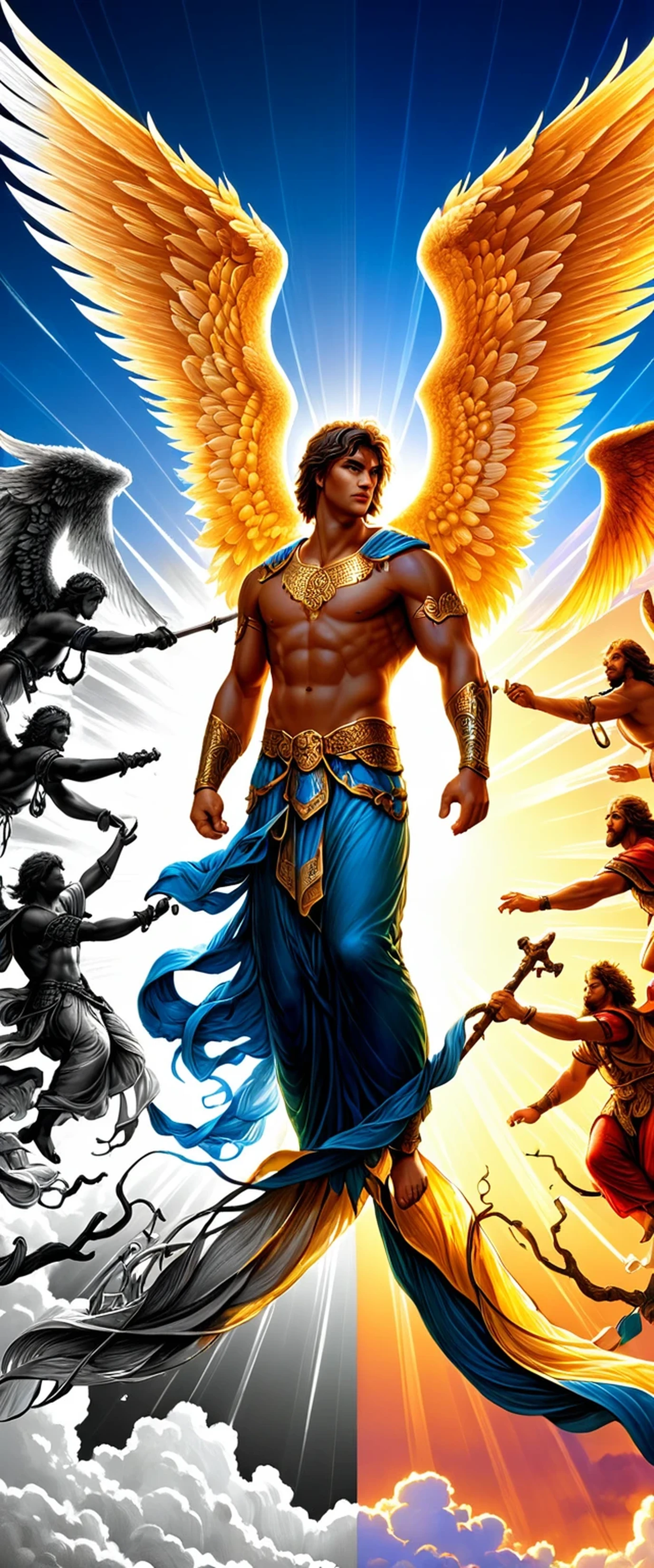 The horde of male heavenly angels, die vom Himmel herabsteigen, realistisch, soft filmisch portrait, Adobe Lightroom, Fotolabor, sehr detailliert, verblasst, (neutrale Farben: 1.2), (HDR: 1.4), (Sanfte Farben:1.2), hyperdetailliert, (Artstation:1.4), filmisch, warmes Licht, dramatisches Licht, (komplizierte Details:1.1), komplexer Hintergrund, (Rutkowski:0.66), (blau und orange:0.4)