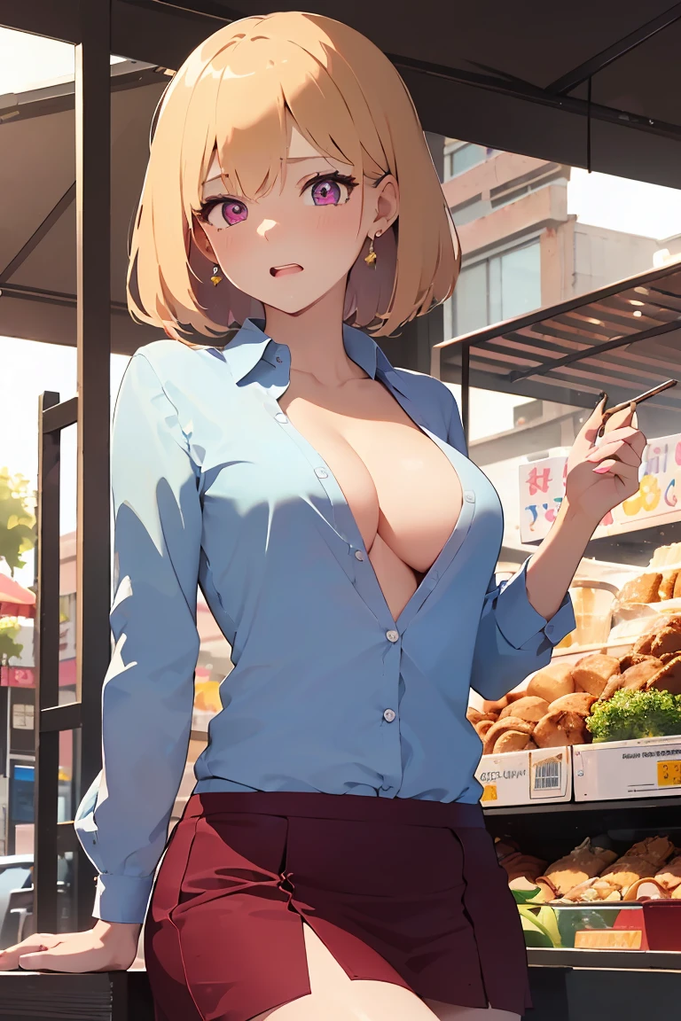 masterpiece, absurdres, best quality, ultra detailed, high Resolution, detailed illustration, bright colour, (extremely beautiful detailed face and eyes, Delicate beautiful face, 1 girl, cute face:1.3), (magenta eyes:1.1), sparkling eyes, big eyes, medium breasts, (perky breasts:1.1), (pointy breasts:1.1), medium hips, glamorous body, white skin, BREAK, long bob cut, (blonde hair:0.8), messy hair, detailed hair, shiny hair, BREAK (buggy casual shirt, middle skirt, down blouse:1.5), perfect lighting, (embarrassed:1.5), (ecstasy, vulgarity:1.5), (trembling:0.8), Food stalls, tourist spot, Choosing food,