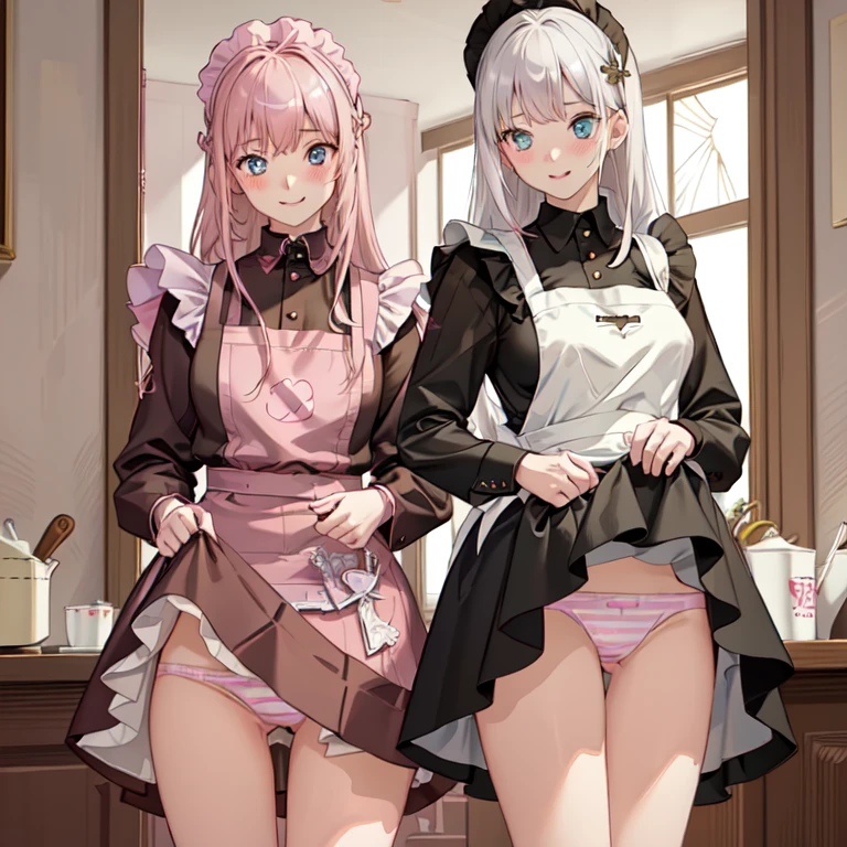 highest quality、masterpiece、((2 women:1.5))、((smile:1.3))、(blush:1.3)、Black Shirt、blouse、((fun!!))、(Small breasts)、()、Blonde、(Long sleeve)、((White apron:1.5))、((Maid))、((hair ornaments)),、Kamimei、look at me、 ((in house:1.5))、 Taking a break from watching the audience、Cowboy Shot、(Skirt lift:1.3),(Highly detailed pink striped panties:1.3)、(Highly detailed panties:1.3)、、(スカート that rolls up:1.3)、(Panties fully exposed:1.5)、Light blue eyes、long hair、Glowing Eyes