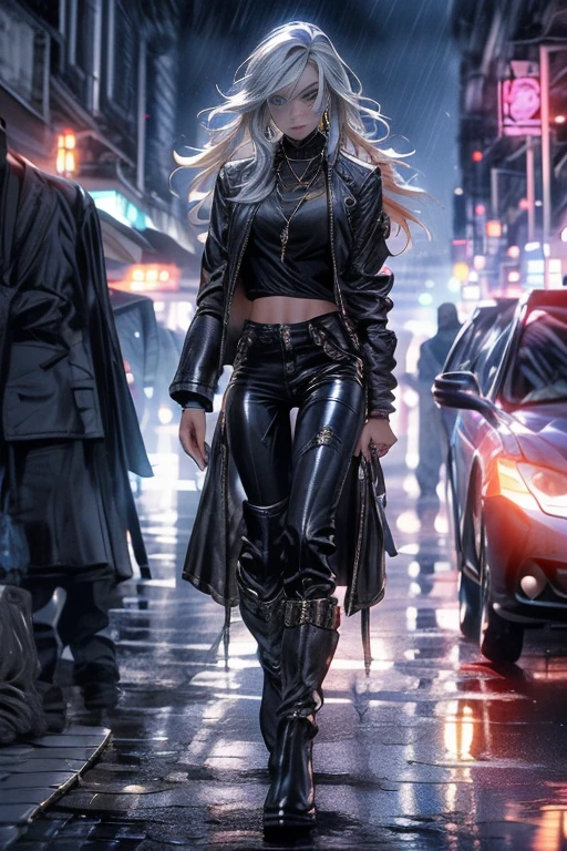 1lady,solo,cool,silber hair and long hair,blue eyes,
leather jacket,leather pants,boots,cover yourself with water, sunset,darkness,rainy,in town,underground