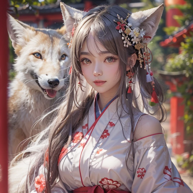 Hide in the ancient shrine、Hair flows、 ((highest quality、masterpiece、8k、best image quality、ultra high resolution、Award-winning work)、(accurate anatomy:1.1)、(look at me and smile:1.1)、Shining fair skin with ultra high resolution、most detailed face、ultra high resolution detailed face、ultra high resolutionの髪の毛、(ultra high resolutionの煌めく瞳:1.1)、Beautiful face drawn in every detail、(blurred background:1.1)、ancient shrine maiden clothes, chest together, tattoo、white fox aside
