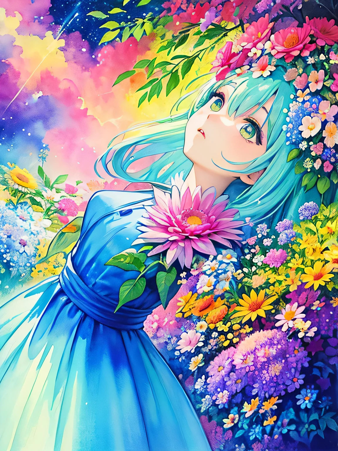 Akira Miyazaki style、8K Quality、Intense watercolor, Detailed watercolor art, Watercolor splash, Surreal, avant-garde pop art, Beautiful and expressive paintings, Beautiful artwork illustration, Very colorful tones, wonderful, Cool beauty, highest quality、Official Art, Vector art, Stylish design, ((The most beautiful girl of all time)), (((highest quality))), HDR, ((detailed)), (((Doodle Art)), ((masterpiece)), ((Super detailed)), (((Colorful flowers))), Midsummer Night Sky,