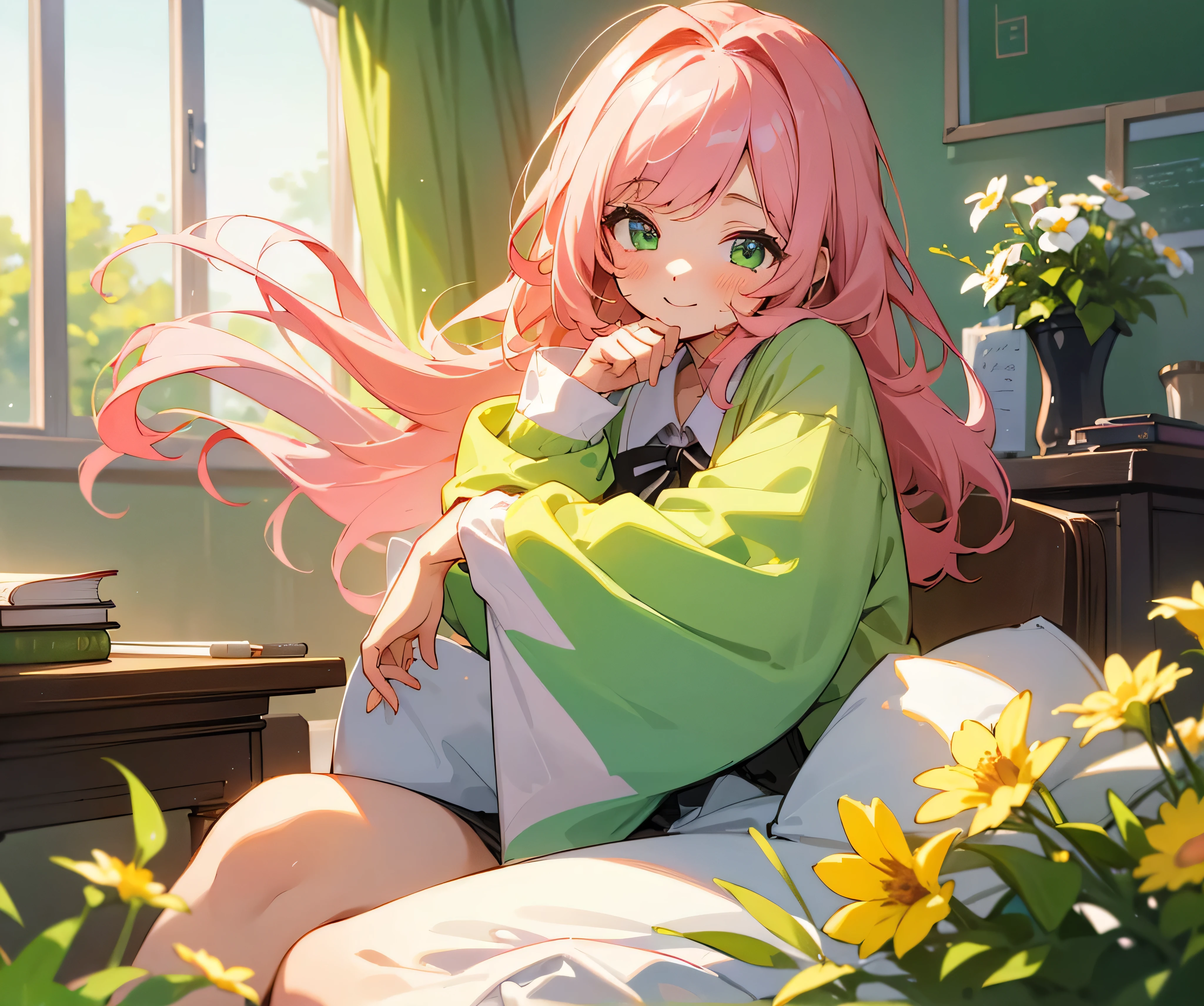 (best quality,4k,highres,masterpiece:1.2), black-brown twin-tailed hair, straight bangs, cute face, light green eyes, soft background, school-themed backdrop, soft lighting, gentle sunlight, pastel colors, illustration, detailed shading, vibrant colors, dreamlike atmosphere, happy expression, subtle blush, pink hair accessory, clean and polished environment, playful pose, youthful energy, lively surroundings, books and stationery, blooming flowers, warm and cozy feeling.