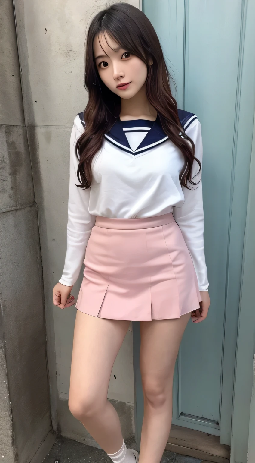 In detail,Full body photo、 High resolution, high quality、Perfect dynamic composition, Beautiful fine details, Medium Hair, 、Natural color lip,Kamimei、16-year-old girl、1 person、Clear Skin、Sailor suit、Red mini skirt、Thighs、Shiny Hair、最high quality, figure, Very detailed, In detail, High resolution, 8k、The correct state of the human body、Sculpture model pose,Pink wall、sexy