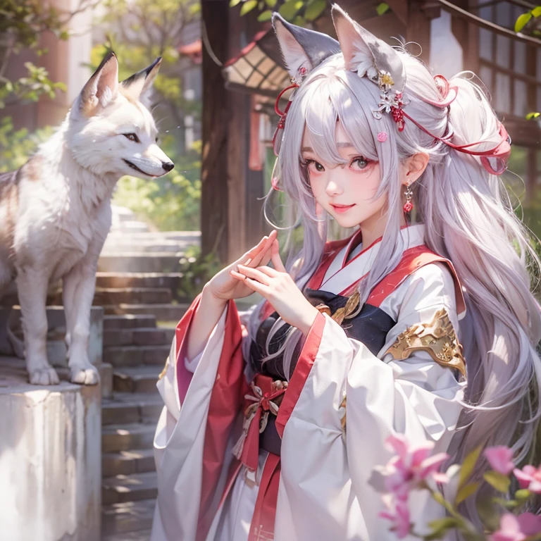 Hide in the ancient shrine、Hair flows、 ((highest quality、masterpiece、8k、best image quality、ultra high resolution、Award-winning work)、(accurate anatomy:1.1)、(look at me and smile:1.1)、Shining fair skin with ultra high resolution、most detailed face、ultra high resolution detailed face、ultra high resolutionの髪の毛、(ultra high resolutionの煌めく瞳:1.1)、Beautiful face drawn in every detail、(blurred background:1.1)、ancient shrine maiden clothes praying, chest together, white fox aside