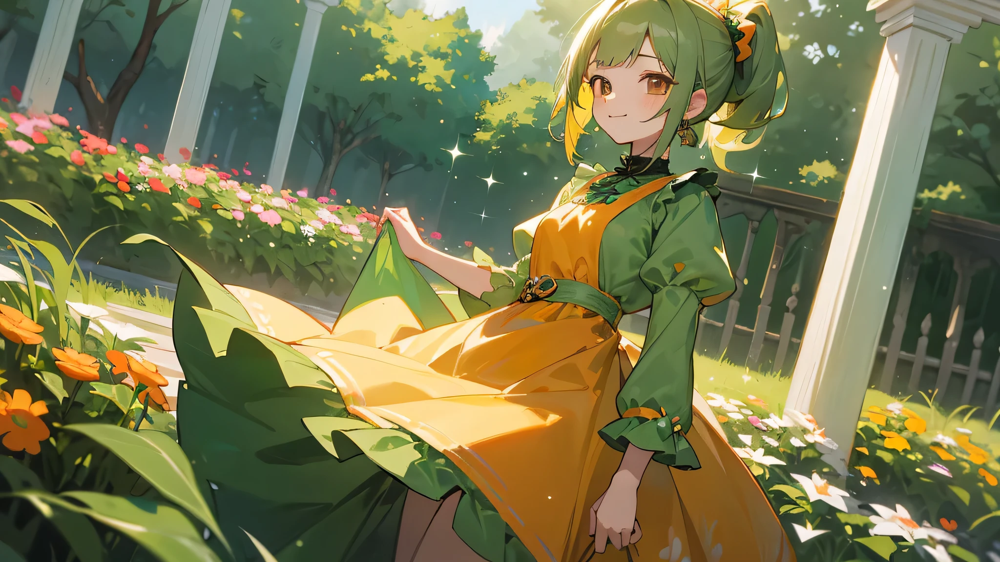 masterpiece、evening、garden、1 Girl、(Ash green hair、Medium length ponytail、Straight bangs、A little hair on the side、Brown eyes、hair ornaments:orange)、Pale green、tight、Short sleeves、Puff sleeves、Western style dress、one piece、Glossy、A kind smile、Sparkling、