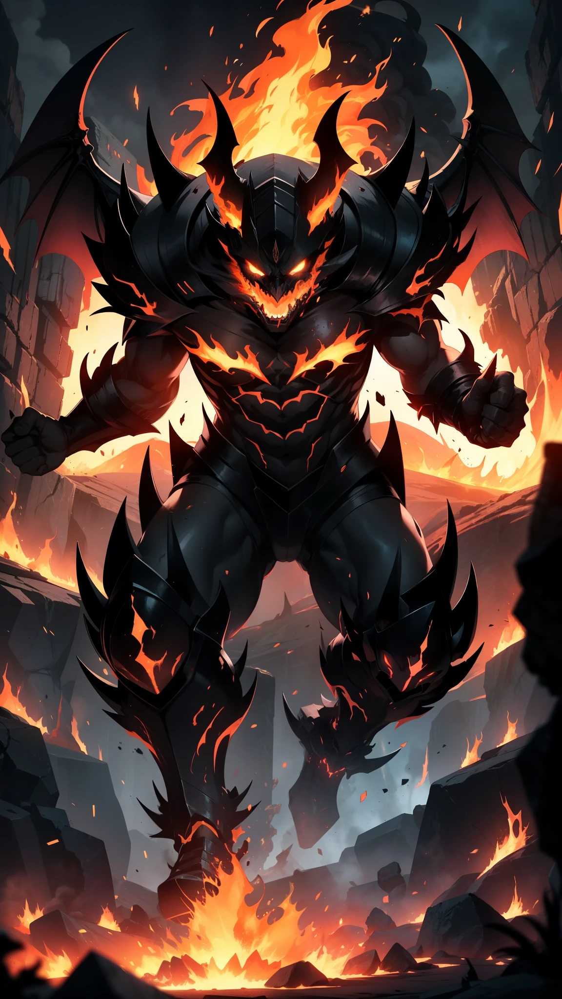 (a majestic,dominant highlight),lava demon king,fiery,glowing eyes,powerful and muscular body,emits intense heat,sharp claws,spiky horns,demonic wings,ominous aura,burning lava flowing from its body,dark and menacing presence,smoke and steam rising,shadowy silhouette against the fiery backdrop,imposing figure emerging from the depths of an erupting volcano,intimidating and fearsome,molten lava dripping from its claws,cracks in the earth caused by its powerful strides,complete control over the destructive forces of fire and magma,epic battle scene,fierce flames engulfing the surroundings,ominously glowing runes etched on its body,evokes a sense of danger and power,seeks to conquer and dominate its fiery domain,stunning and realistic details,ultra-detailed rendering,high-res masterpiece:1.2,glowing with fiery intensity in every pixel,living embodiment of the infernal flames.