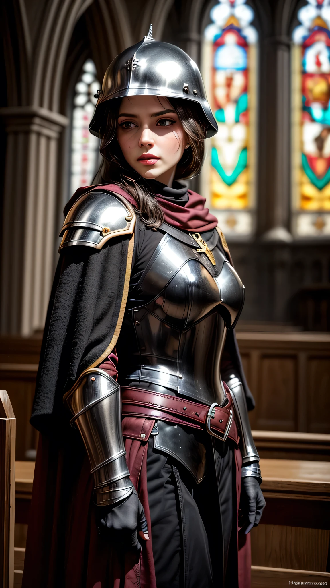 ((best quality:1.5, masterpiece)), intricate details, sharp focus, professional, photorealistic, real life, realistic representation of the face, (golden hour, intense expression) dynamic action pose, homely face, in the style of realistic and hyper detailed renderings, medieval church, stained glass, solo, BREAK; BREAK ((((blackout eyeshadow, makeup:1.0)))), ((blemish: 0.7)), ((fujicolor)), BREAK; BREAK ((medieval paladin, (lacquered black chrome armor:1.4, breastplate, maroon silk cloak, (modest, cleric, medieval soldier helmet)), photorealistic, hyper-realistic))