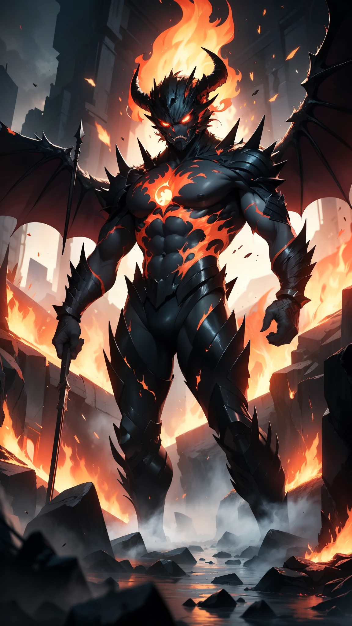 (a majestic,dominant highlight),lava demon king,fiery,glowing eyes,powerful and muscular body,emits intense heat,sharp claws,spiky horns,demonic wings,ominous aura,burning lava flowing from its body,dark and menacing presence,smoke and steam rising,shadowy silhouette against the fiery backdrop,imposing figure emerging from the depths of an erupting volcano,intimidating and fearsome,molten lava dripping from its claws,cracks in the earth caused by its powerful strides,complete control over the destructive forces of fire and magma,epic battle scene,fierce flames engulfing the surroundings,ominously glowing runes etched on its body,evokes a sense of danger and power,seeks to conquer and dominate its fiery domain,stunning and realistic details,ultra-detailed rendering,high-res masterpiece:1.2,glowing with fiery intensity in every pixel,living embodiment of the infernal flames.