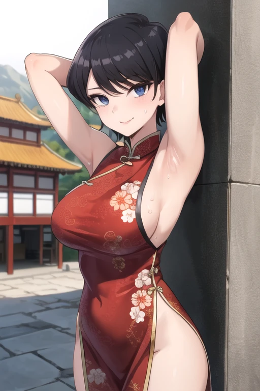 ((best quality)),((highly detailed)),masterpiece,absurdres,detailed face,beautiful face,(detailed eyes, deep eyes),1girl,((dynamic pose)), komi shuuko, black hair, short hair, solo, bow, large breasts, cowboy shot, chinese town, outdoors, seductive smile, looking at viewer, wearing red chinese dress, put your hands behind your head, armpits, armpits visible, sweaty armpits,