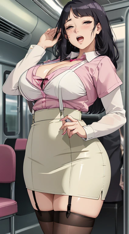 ((Mature female , Large Breasts,Sagging breasts、Low-cut,Cleavage, cleveage、Thick thighs, Wide hips, Curvy beauty, Perfect body),(view_hand, pink vibrator remote switch in view_hand, view:1.2), best quality, Super Detail, masterpiece, Ultra HD, 8k, ridiculous, Cowboy shooting, Fuzzy, 1 girl, Focus on girls, Awkward, blush, charming, Close your eyes, open mouth,with tears in eyes, Saliva residue, The hem of the skirt is wet, Brushed, Vibrator line bulge, Vibrator in garter belt, No.18, The Last Vision, White short top,Elbow pads, 露指hand套, Suspenders, Pencil Skirt, White T-shirt, sexy look, Short skirt, mini skirt, Pencil Skirt Subway car interior background, In the crowd,