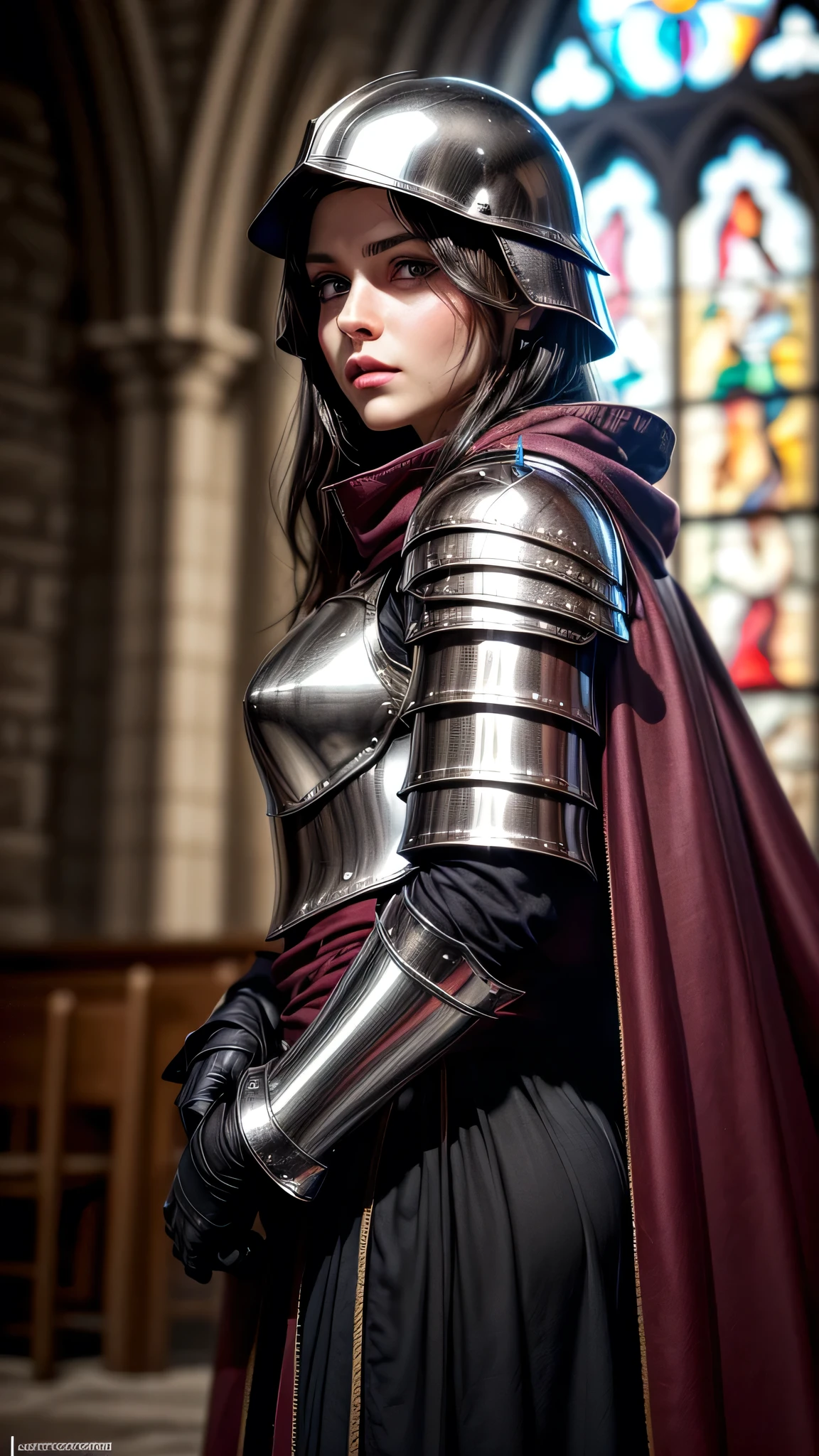 ((best quality:1.5, masterpiece)), intricate details, sharp focus, professional, photorealistic, real life, realistic representation of the face, (golden hour, intense expression) dynamic action pose, homely face, in the style of realistic and hyper detailed renderings, medieval church, stained glass, solo, BREAK; BREAK ((((blackout eyeshadow, makeup:1.0)))), ((blemish: 0.7)), ((fujicolor)), BREAK; BREAK ((medieval paladin, (lacquered black chrome armor:1.4, breastplate, maroon silk cloak, (modest, cleric, medieval soldier helmet)), photorealistic, hyper-realistic))