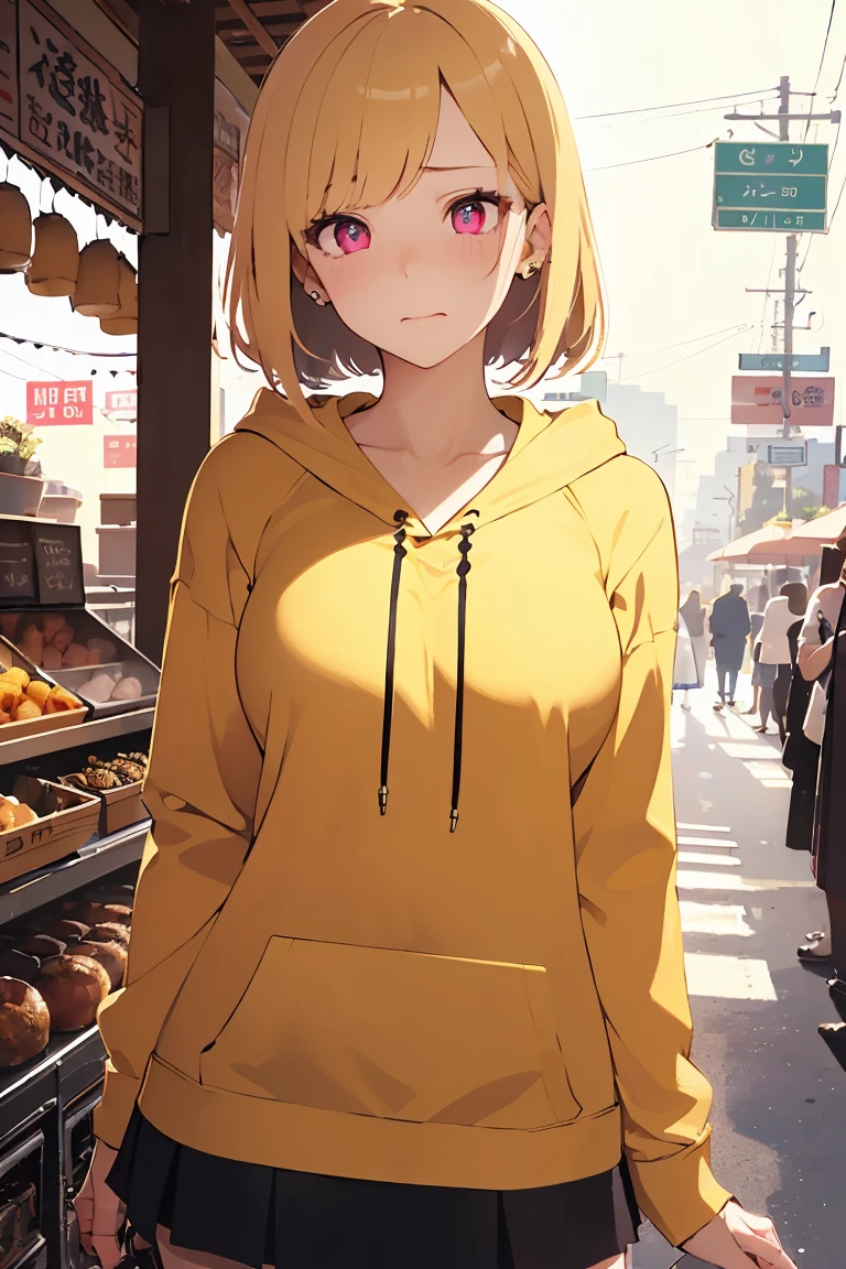 masterpiece, absurdres, best quality, ultra detailed, high Resolution, detailed illustration, bright colour, (extremely beautiful detailed face and eyes, Delicate beautiful face, 1 girl, cute face:1.3), (magenta eyes:1.1), sparkling eyes, big eyes, medium breasts, (perky breasts:1.1), (pointy breasts:1.1), medium hips, glamorous body, white skin, BREAK, long bob cut, (blonde hair:0.8), messy hair, detailed hair, shiny hair, BREAK (buggy hoodie, middle skirt, down blouse:1.5), perfect lighting, (embarrassed:1.5), (ecstasy, vulgarity:1.5), (trembling:0.8), Food stalls, tourist spot, Choosing food, Asia,