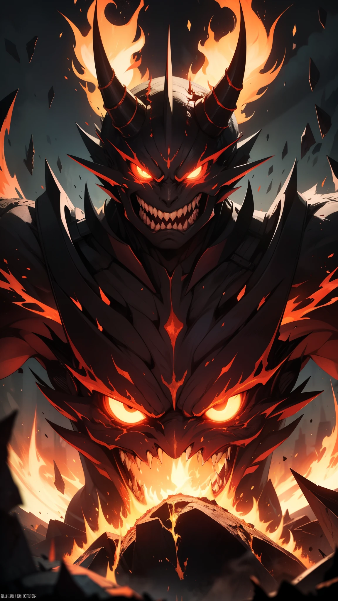 lava demon Emperor,fire,hot,lava,red,glowing eyes,giant horns,scaly skin,powerful,dominant presence,demonic aura,commanding pose,destructive force,volcanic background,burning flames,smoke,Illustration,hellish,menacing,nightmarish:1.1,highres,sharp focus,vivid colors,detail description,horror,concept art