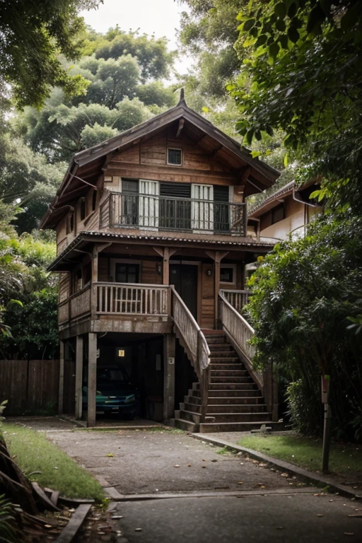 em ultra realismo, uma pequena cidade com uma casa em destaque, cercada por uma densa floresta