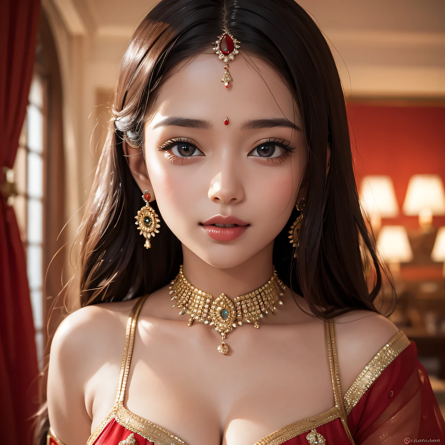 Amazing portrait of a sexy woman dazzling in a stunning red saree