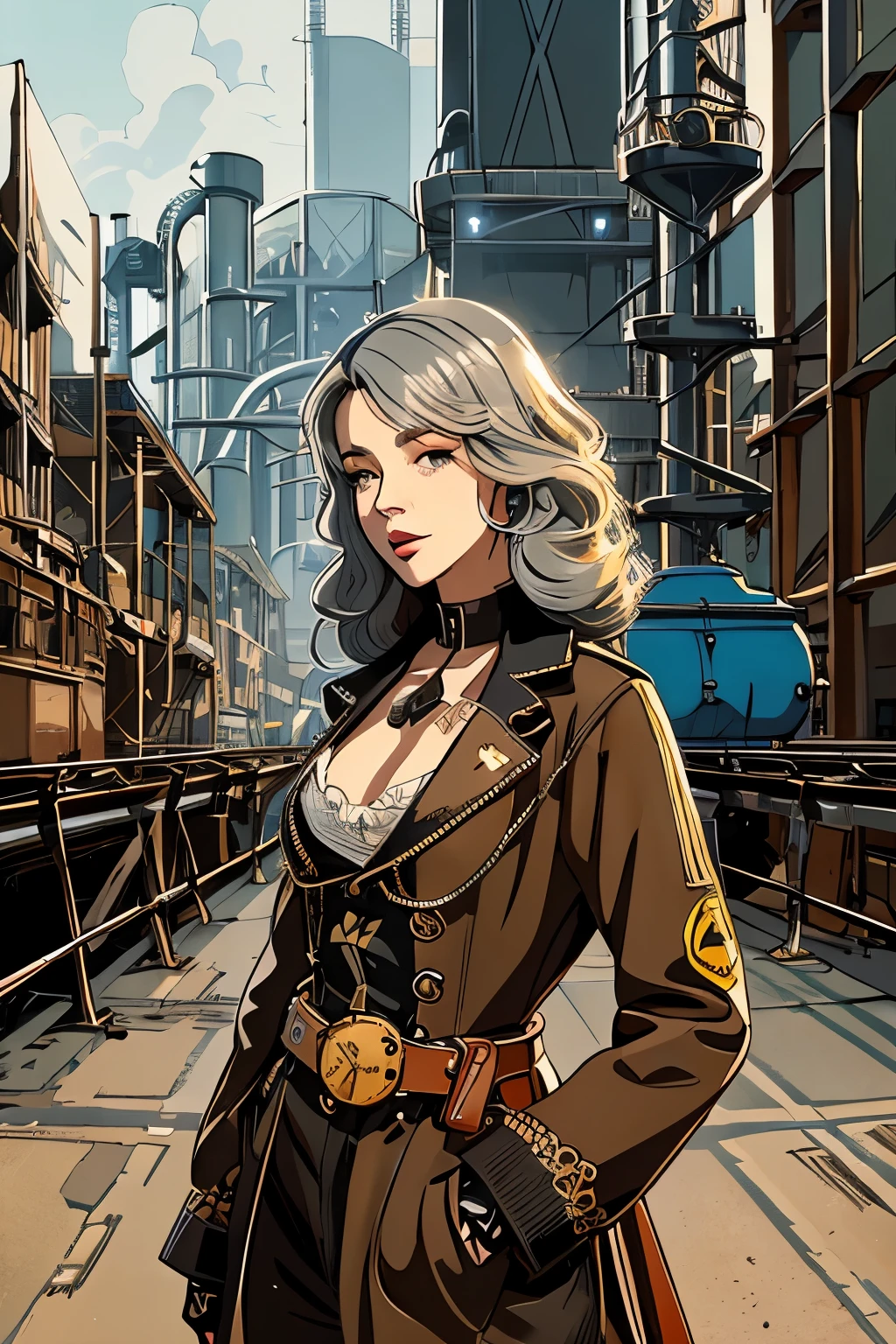 2D illustration of a Russian girl in her early 20s with curly ash-gray hair wearing steampunk gear, set in a futuristic industrial area