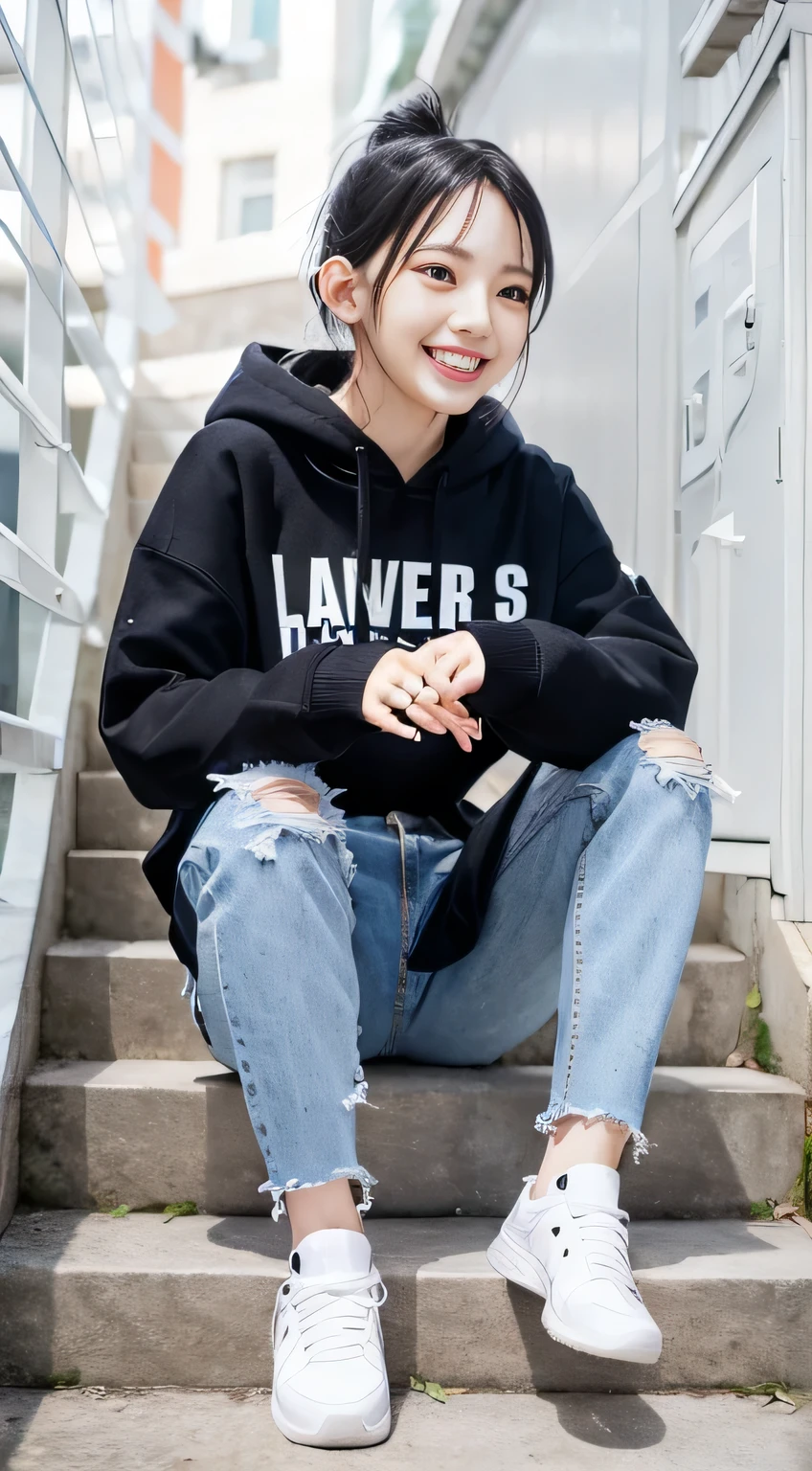highest quality, Realistic, Very detailed, Finer details, High resolution, 8k wallpaper, One beautiful woman,Sit on the stairs、(Wear black socks)smile、(Beautiful teeth alignment、)(Gums are visible) Oversized hoodie, Skinny jeans,( Black sneakers)、Black Hair、 Beautiful Bangs、ear piercing、Perfect dynamic composition, Beautiful and detailed, Full Body Shot, A big smile