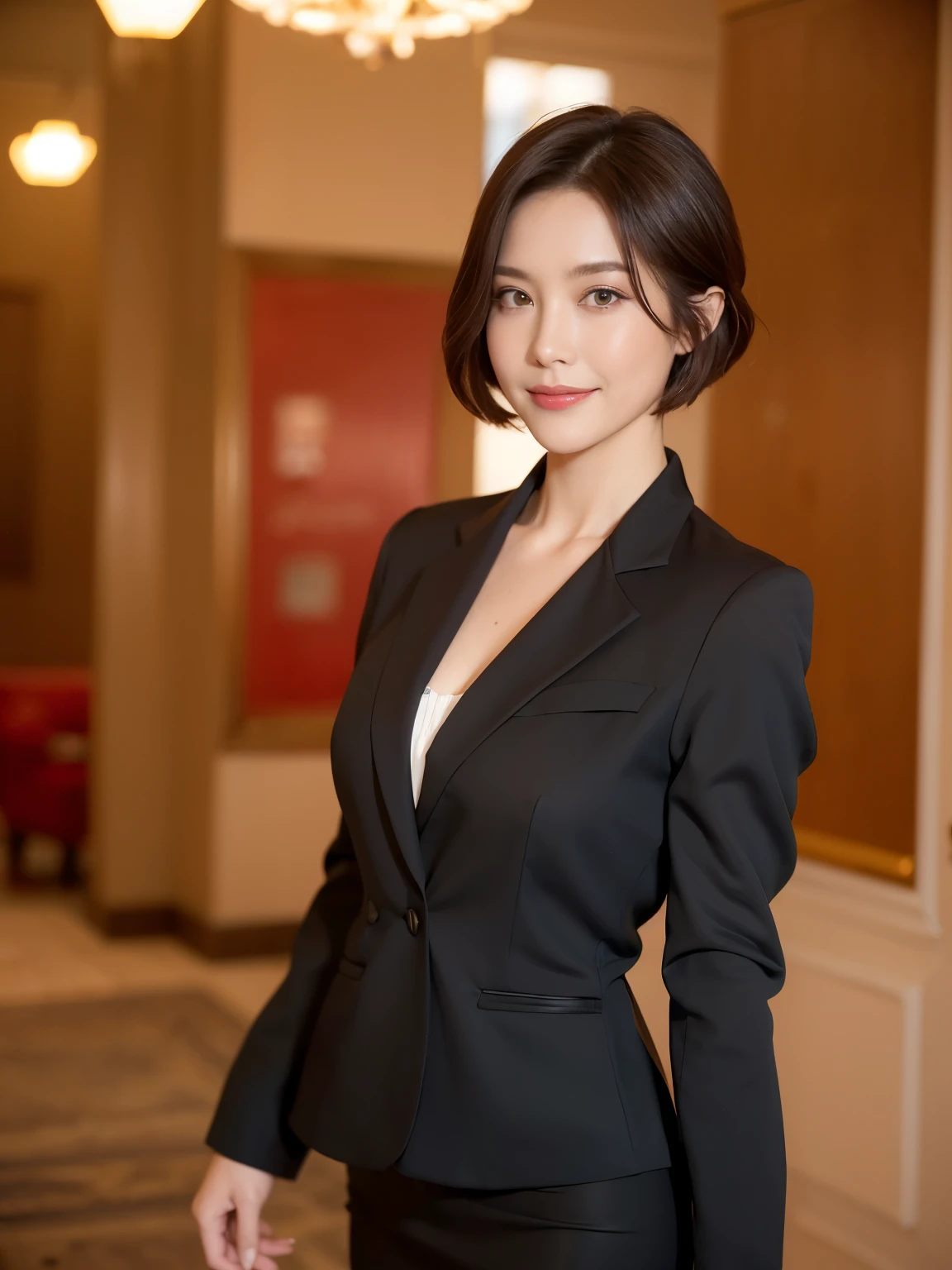masterpiece,highest quality, (Mature Woman、30 years old), Glare, (Dark reddish brown blazer), (white ruffle blouse:1.5), (Black pencil skirt:1.4)、double eyelid, eyelash, Lip gloss, (smile:1), (Looking at the audience、Whole body image、Are standing),Written boundary depth、尖ったRed Mouth、(Black wet shiny short hair),Red Mouth,clavicle、(Full body portrait:1.6)、Digital Illustration, (Realistic:1.3),(RAW Photos),(Hotel lobby resembling the Russian Kremlin:1.6)、(A dignified atmosphere:1.3)、