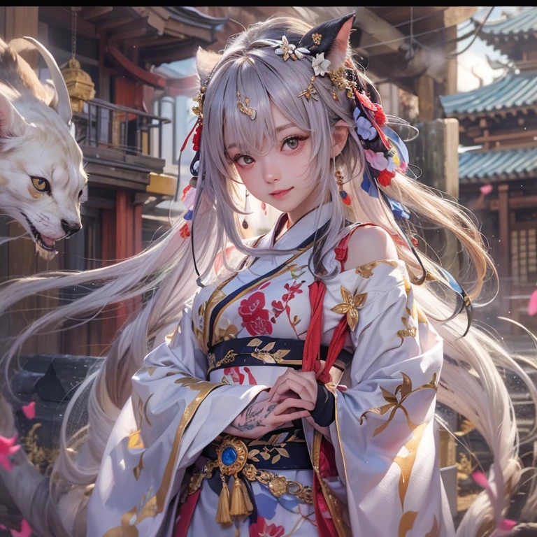 Hide in the ancient shrine、Hair flows、 ((highest quality、masterpiece、8k、best image quality、ultra high resolution、Award-winning work)、(accurate anatomy:1.1)、(look at me and smile:1.hining fair skin with ultra high resolution、most detailed face、ultra high resolution detailed face、ultra high resolutionの髪の毛、(ultra high resolutionの煌めく瞳:1.1)、Beautiful face drawn in every detail、(blurred background:1.1)、ancient shrine maiden clothes, chest together, tattoo、giant white snake aside