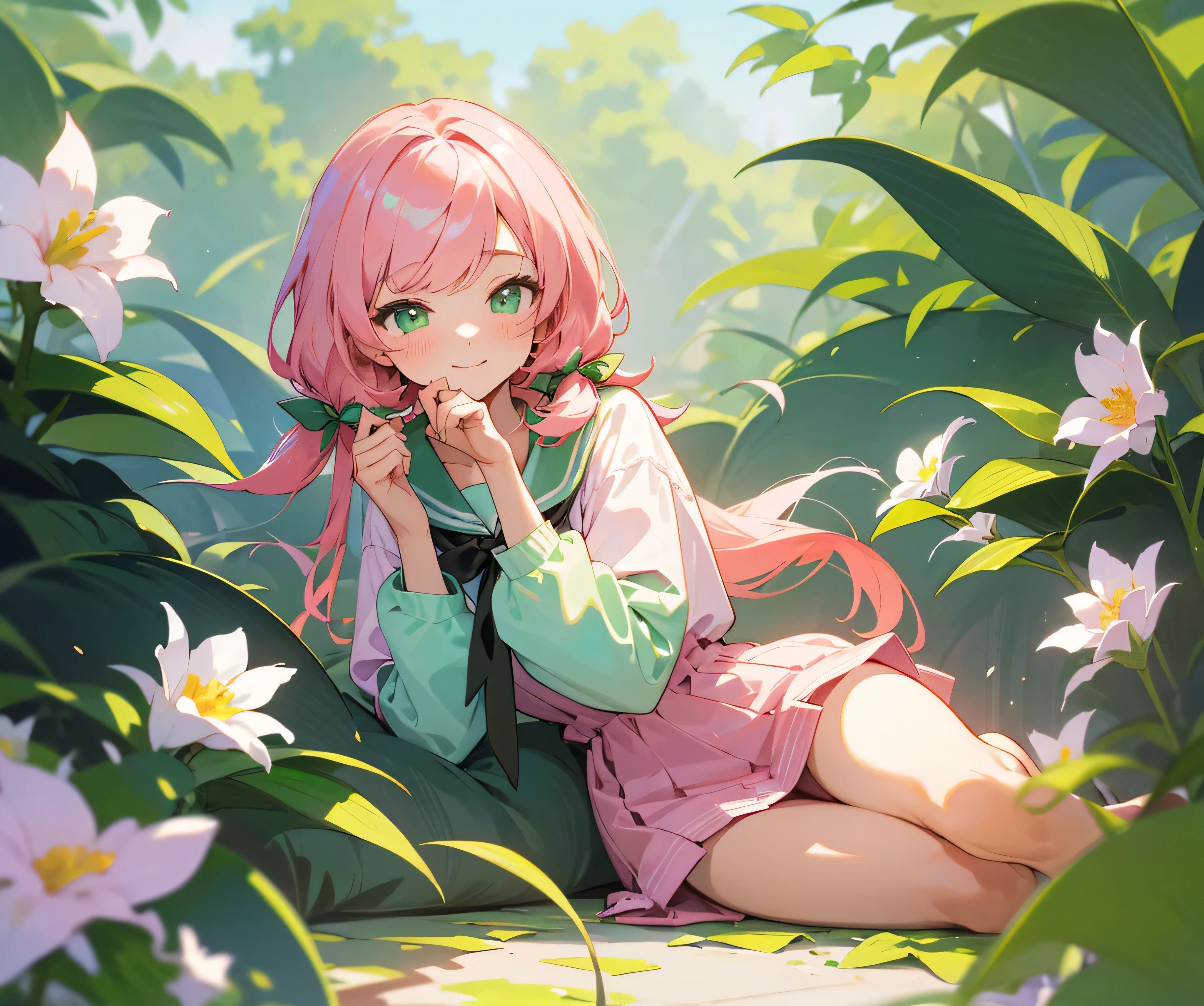 (best quality,4k,highres,masterpiece:1.2), BLACK-b twin-tailed hair, straight bangs, cute face, light green eyes, soft background, school-themed backdrop, soft lighting, gentle sunlight, pastel colors, illustration, detailed shading, vibrant colors, dreamlike atmosphere, happy expression, subtle blush, pink hair accessory, clean and polished environment, playful pose, youthful energy, lively surroundings, books and stationery, blooming flowers, warm and cozy feeling.