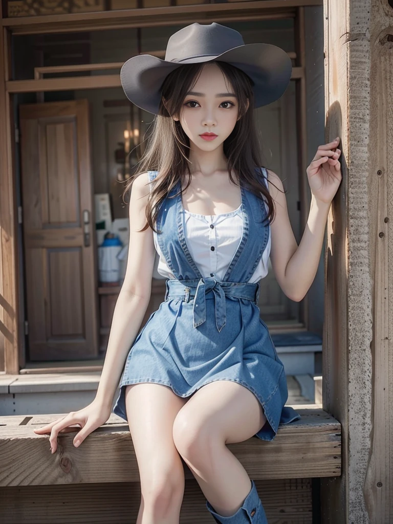 (((1 person:2.0))),(((Cowgirl Costume))),(((Low waist denim mini skirt:1.5))),(((Wear a western hat))),(((wear a leather belt))),(((Wearing a sleeveless collared shirt, Plaid, front tie shirt.))),(((wearing a watch))),(((short boots))),(((Showing cleavage))),(((Exposed thin inner thighs))),(((Small breasts:1.5))),(((Bare arms))),(((Her hair is blonde))),, Beautiful detailed girl, Very detailed目と顔, 緻密でBeautiful Eyes, Very detailed, High resolution, highest quality, masterpiece, Very detailed, 16K wallpaper, wonderful, finely, highest quality, The light shines on your face,,(Night Bar),Beautiful Eyes,Being drunk,Cowboy Shot