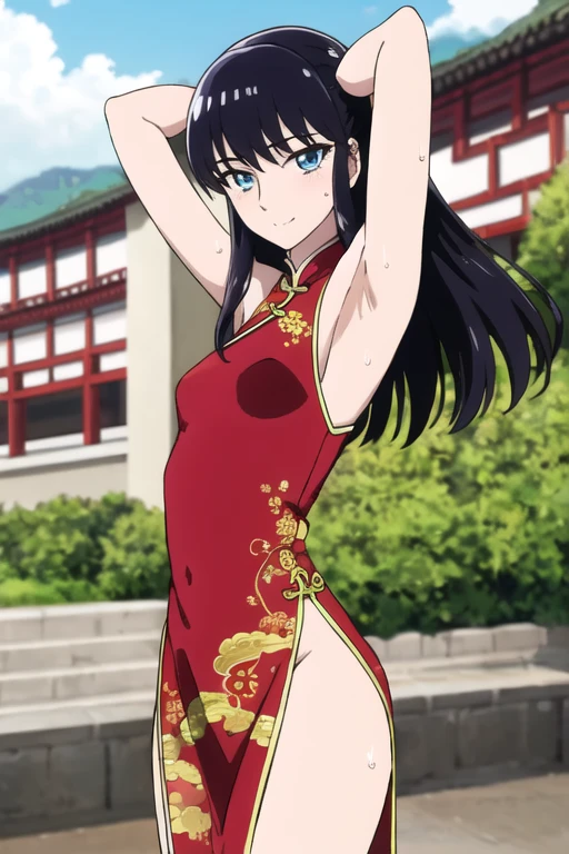 ((best quality)),((highly detailed)),masterpiece,absurdres,detailed face,beautiful face,(detailed eyes, deep eyes),1girl,((dynamic pose)), akira tachibana, long hair, solo, bow, small breasts, cowboy shot, chinese town, outdoors, seductive smile, looking at viewer, wearing red chinese dress, put your hands behind your head, armpits, armpits visible, sweaty armpits, 