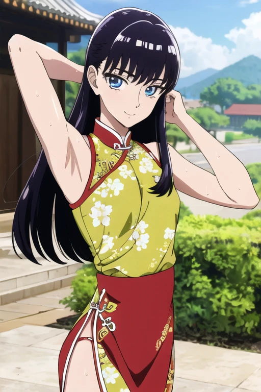 ((best quality)),((highly detailed)),masterpiece,absurdres,detailed face,beautiful face,(detailed eyes, deep eyes),1girl,((dynamic pose)), akira tachibana, long hair, solo, bow, small breasts, cowboy shot, chinese town, outdoors, seductive smile, looking at viewer, wearing red chinese dress, put your hands behind your head, armpits, armpits visible, sweaty armpits, 