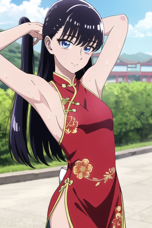 ((best quality)),((highly detailed)),masterpiece,absurdres,detailed face,beautiful face,(detailed eyes, deep eyes),1girl,((dynamic pose)), akira tachibana, long hair, solo, bow, small breasts, cowboy shot, chinese town, outdoors, seductive smile, looking at viewer, wearing red chinese dress, put your hands behind your head, armpits, armpits visible, sweaty armpits, 