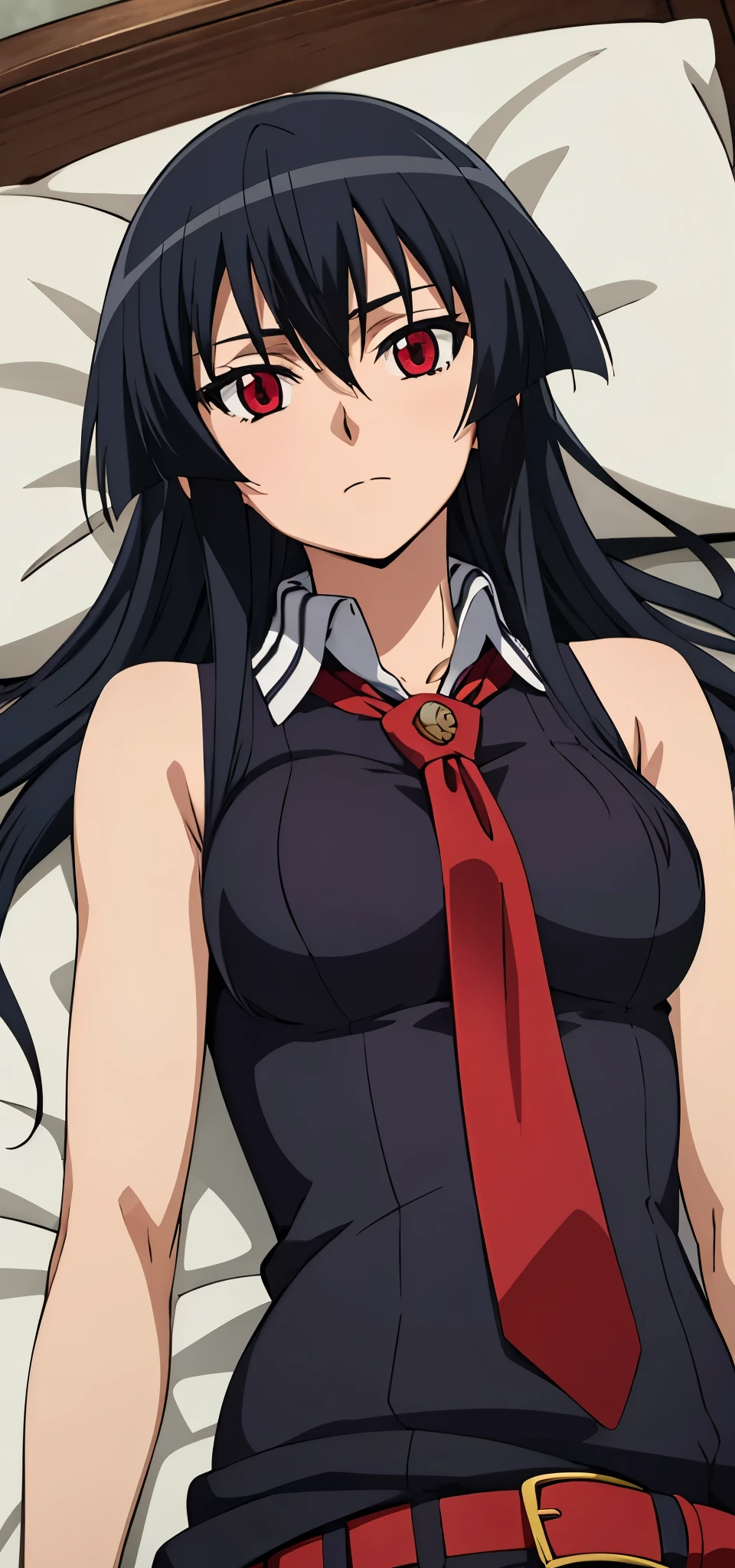 solo, 1girl, looking at viewer, 2D, anime, anime coloring, upper body, akame, necktie, sleeveless, looking at viewer, closed mouth, solo, cowboy shot, lying, on back, on bed,