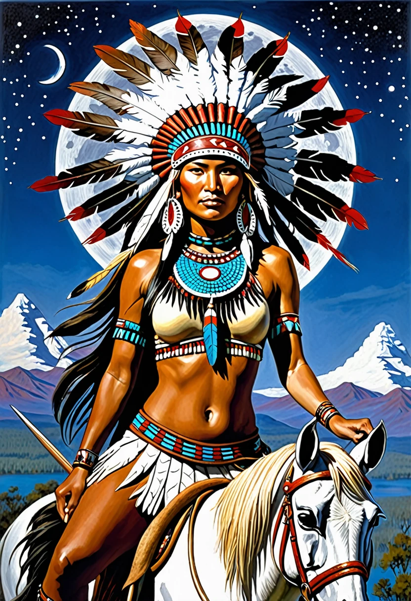 Christophe Young style; Award-winning bust，A beautiful blonde hair woman wearing a Native American headdress, busty. Native Americans on horseback in the background : Native American Shameon Fantasy, native american art, Native American, Local art, native american warrior, native american warrior, indian warrior, horse warrior, inspired by George Catlin, Native American folk art, Spirit warrior, inspired by Karl Bodmer, The goddess of the hunt and the moon, aboriginal