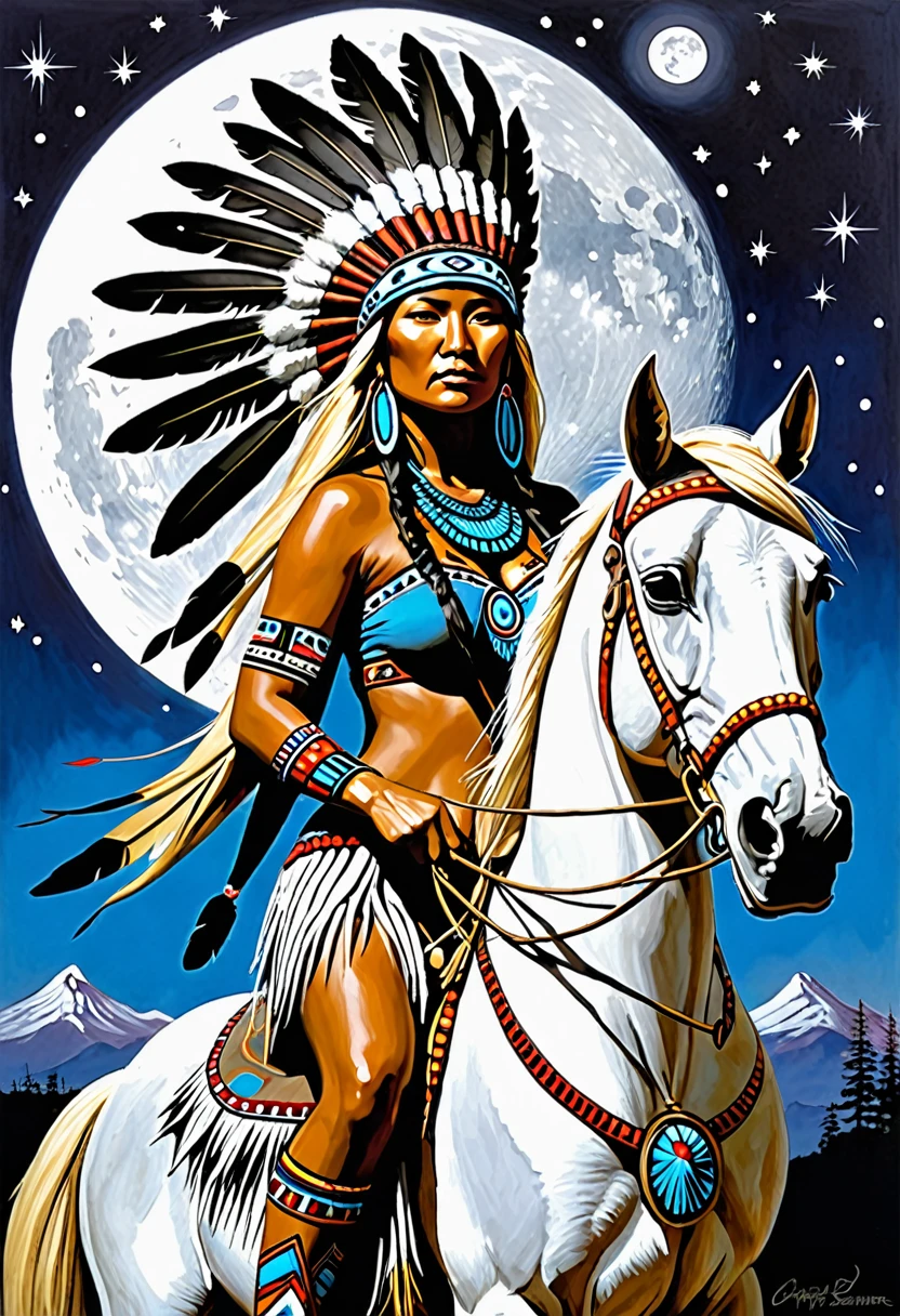 Christophe Young style; Award-winning bust，A beautiful blonde hair woman wearing a Native American headdress, busty. Native Americans on horseback in the background : Native American Shameon Fantasy, native american art, Native American, Local art, native american warrior, native american warrior, indian warrior, horse warrior, inspired by George Catlin, Native American folk art, Spirit warrior, inspired by Karl Bodmer, The goddess of the hunt and the moon, aboriginal