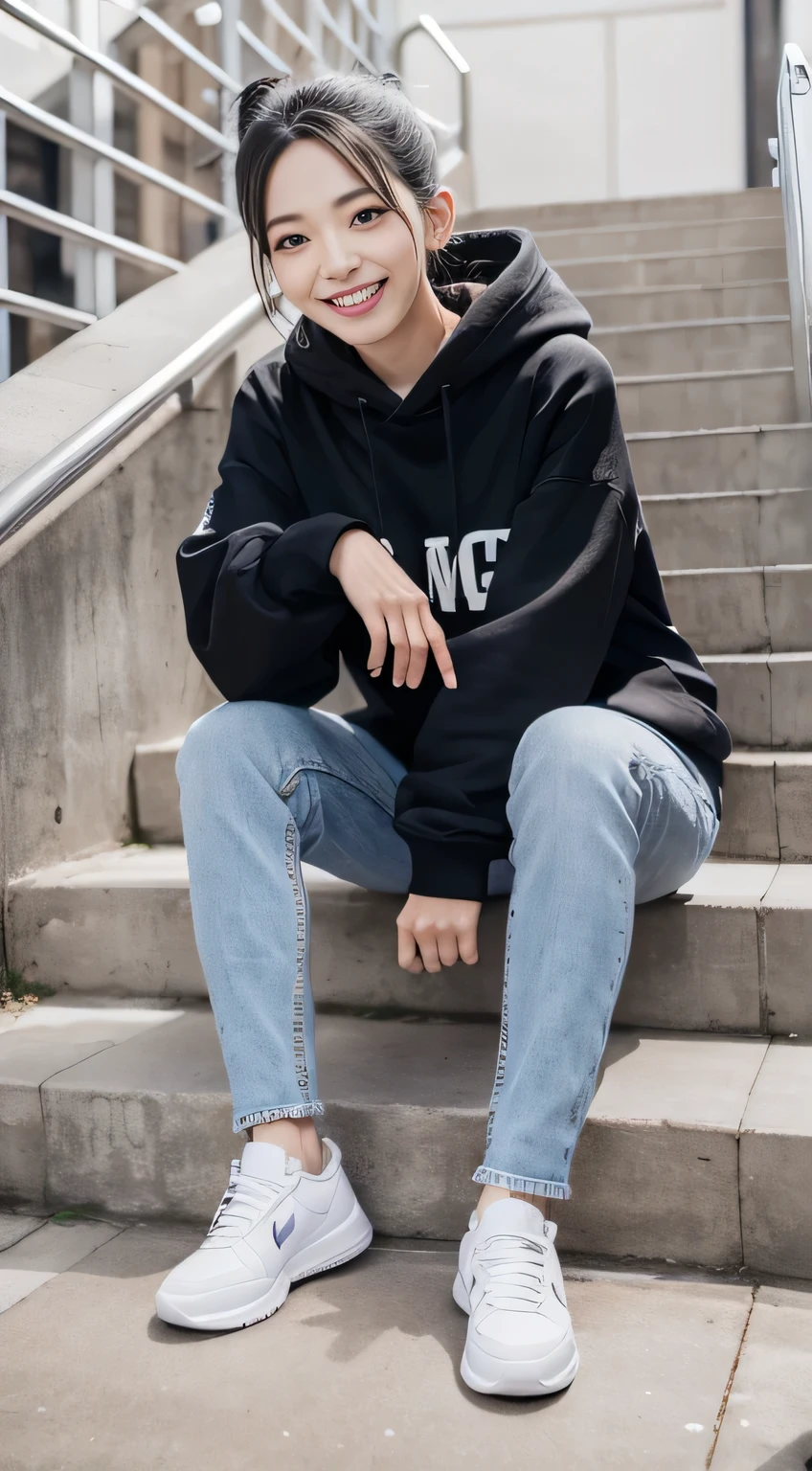 highest quality, Realistic, Very detailed, Finer details, High resolution, 8k wallpaper, One beautiful woman,Sit on the stairs、（Wear black socks）smile、（Beautiful teeth alignment、）（Gums are visible） Oversized hoodie, Skinny jeans,（ Black sneakers）、Black Hair、 Beautiful Bangs、ear piercing、Perfect dynamic composition, Beautiful and detailed, Full Body Shot, A big smile

