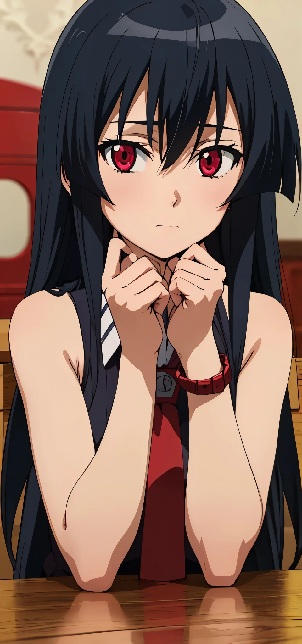 solo, 1girl, looking at viewer, 2D, anime, anime coloring, upper body, akame, necktie, sleeveless, looking at viewer, closed mouth, solo, sitting, elbows on a table, hands on cheeks, face close-up