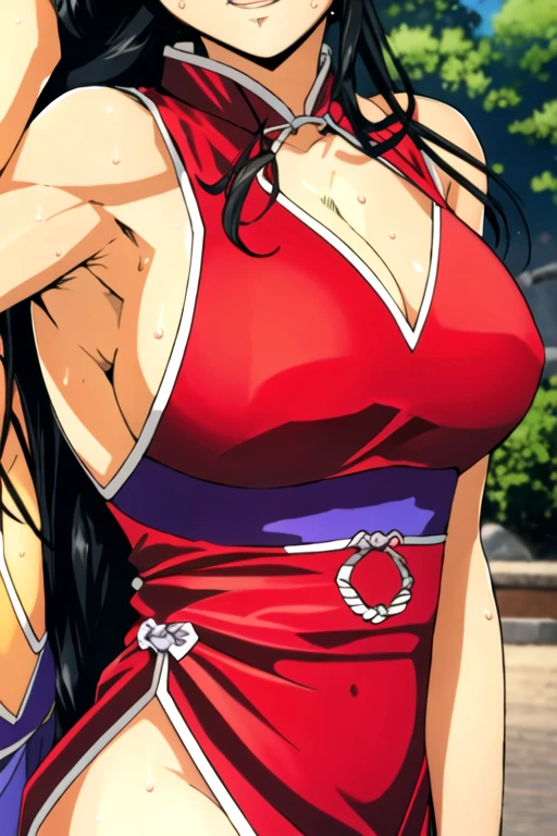 ((best quality)),((highly detailed)),masterpiece,absurdres,detailed face,beautiful face,(detailed eyes, deep eyes),1girl,((dynamic pose)), miyuki, long hair, solo, bow, large breasts, cowboy shot, chinese town, outdoors, seductive smile, looking at viewer, wearing red chinese dress, put your hands behind your head, armpits, armpits visible, sweaty armpits,