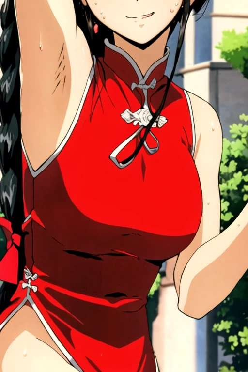 ((best quality)),((highly detailed)),masterpiece,absurdres,detailed face,beautiful face,(detailed eyes, deep eyes),1girl,((dynamic pose)), miyuki, long hair, solo, bow, large breasts, cowboy shot, chinese town, outdoors, seductive smile, looking at viewer, wearing red chinese dress, put your hands behind your head, armpits, armpits visible, sweaty armpits, 