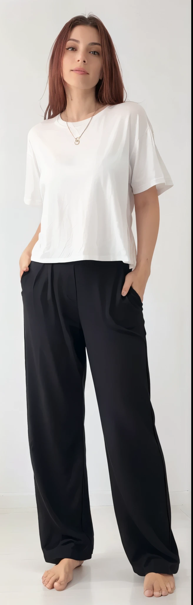 a woman in a white shirt and black pants posing for a picture, black pants, black pants, matte black pants, Loose pants, baggy black pants, big pants, black suit pants, com dois bolsos frontais, wearing pants and t-shirt, manga larga cropped, Swollen short pants, perto de um magro, imagem detalhada do produto, with hands in pockets