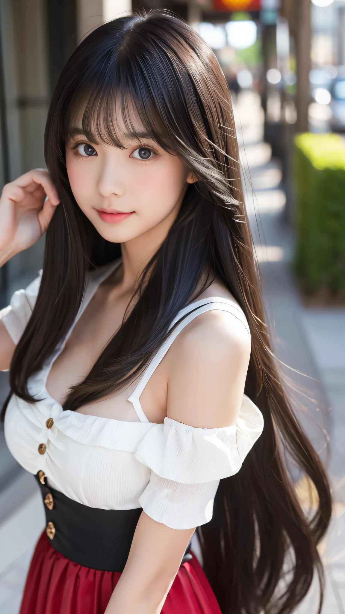 Shining, clear, white skin、Her windblown black hair hides her beautiful face.、huge、 beautiful face of 28 years old、Beautiful straight hair that stands out、growing up, glowing light brown eyes、 long silky bangs covering the eyes,  young woman with super long hair hiding her  face、Shiny black hair、((( Woman)))、The cleavage is visible,Red  dress