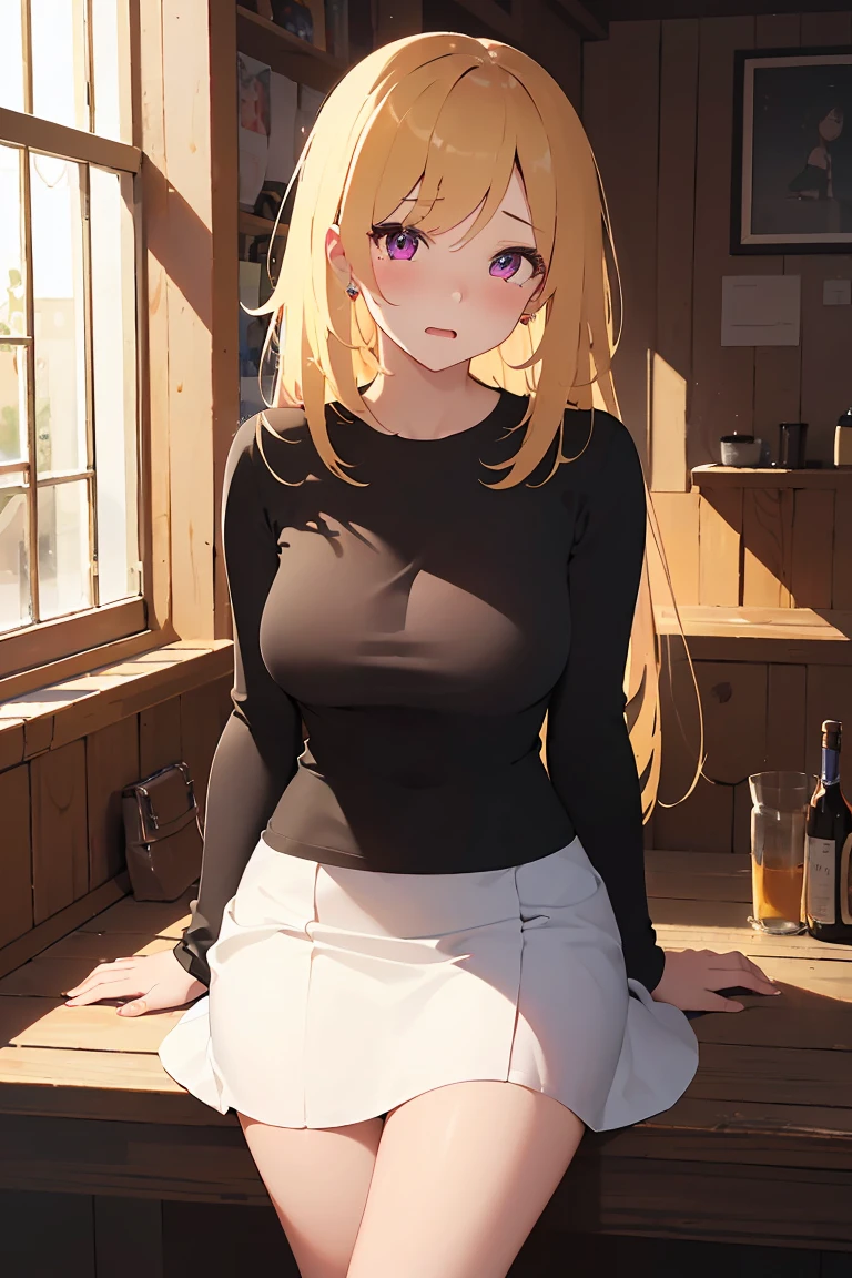 masterpiece, absurdres, best quality, ultra detailed, high Resolution, detailed illustration, bright colour, (extremely beautiful detailed face and eyes, Delicate beautiful face, 1 girl, cute face:1.3), (magenta eyes:1.1), sparkling eyes, big eyes, medium breasts, (perky breasts:1.1), (pointy breasts:1.1), medium hips, glamorous body, white skin, BREAK, long bob cut, (blonde hair:0.8), messy hair, detailed hair, shiny hair, BREAK (buggy long t shirt, middle skirt, down blouse:1.5), perfect lighting, (embarrassed:1.5), (ecstasy, vulgarity:1.5), (trembling:0.8), Food stalls, tourist spot, Choosing food, Southeast Asia,