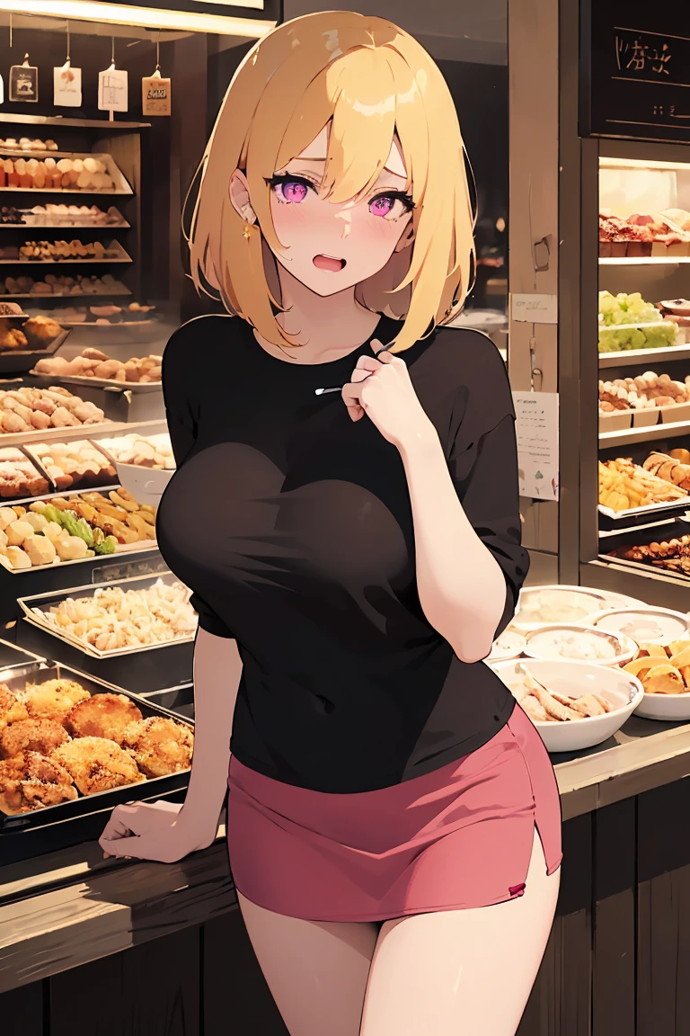 masterpiece, absurdres, best quality, ultra detailed, high Resolution, detailed illustration, bright colour, (extremely beautiful detailed face and eyes, Delicate beautiful face, 1 girl, cute face:1.3), (magenta eyes:1.1), sparkling eyes, big eyes, medium breasts, (perky breasts:1.1), (pointy breasts:1.1), medium hips, glamorous body, white skin, BREAK, long bob cut, (blonde hair:0.8), messy hair, detailed hair, shiny hair, BREAK (buggy long t shirt, middle skirt, down blouse:1.5), perfect lighting, (embarrassed:1.5), (ecstasy, vulgarity:1.5), (trembling:0.8), Food stalls, tourist spot, Choosing food, Southeast Asia,