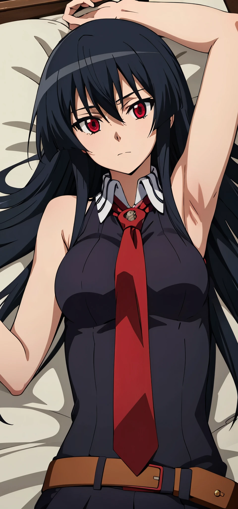 solo, 1girl, looking at viewer, 2D, anime, anime coloring, upper body, akame, necktie, sleeveless, looking at viewer, closed mouth, solo, cowboy shot, lying, on back, on bed,