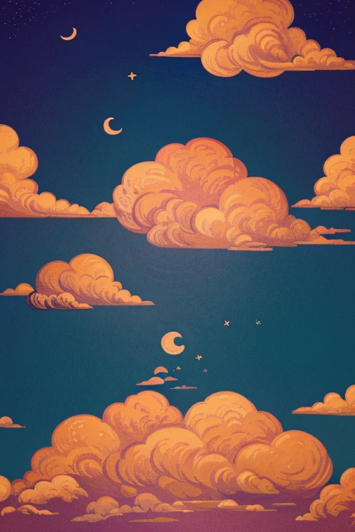 sky full of pink paltel clouds, with several little stars and the moon. estilo 2D ou pixelado