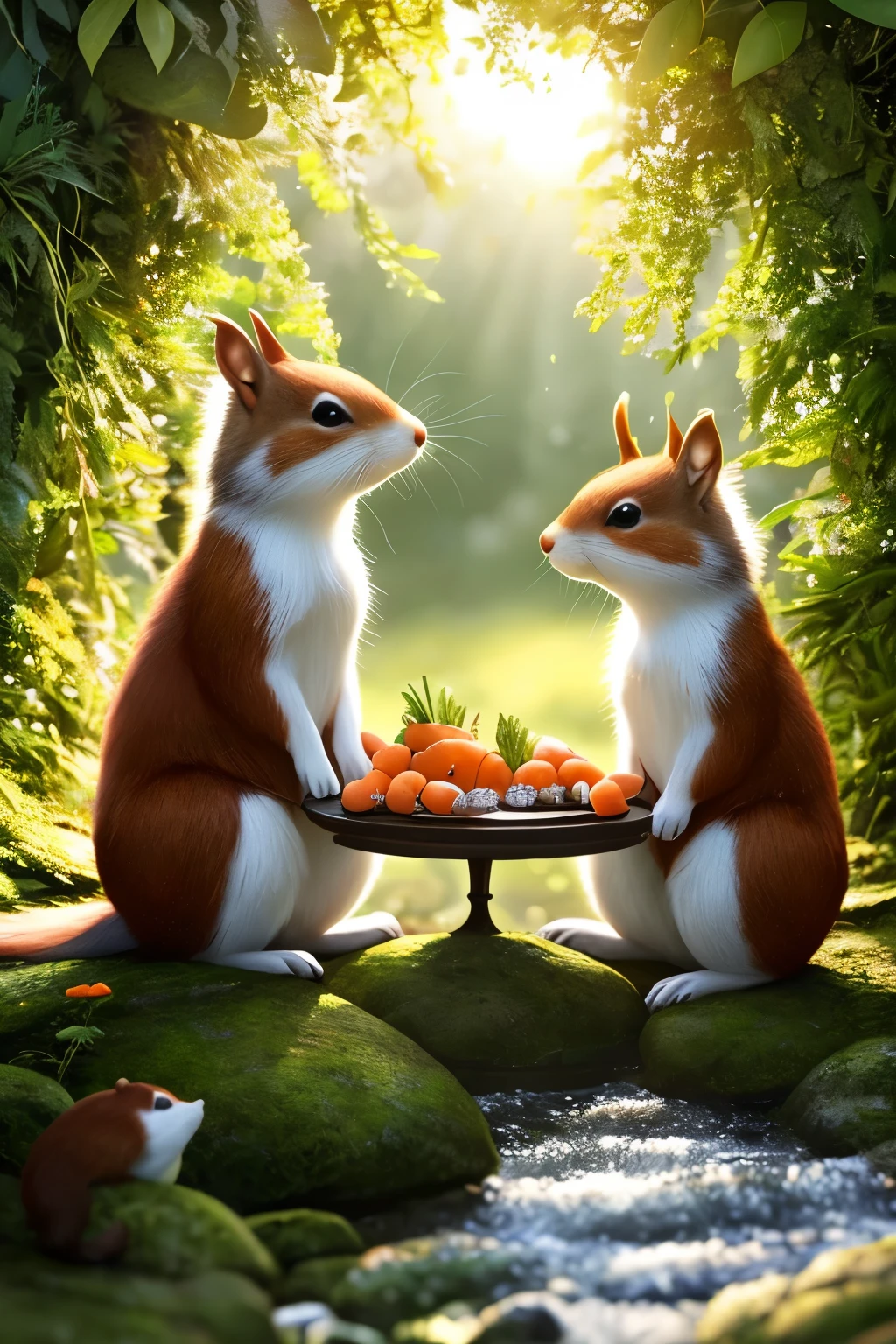 In the heart of a magical forest by the sparkling river, two jubilant squirrels frolic and play, their laughter echoing through the tranquil air. They sit next to each other, sharing a bounty of delectable carrots, their bushy tails curled contentedly. The sun filters through the leaves above, casting dappled light on their delightful scene. This lovely moment encapsulates the harmony and joy of nature, presented as a high-quality, intricately detailed CG Unity 8k wallpaper, trending on art stations and CG societies. (Masterpiece: 1.8, Best quality), (Extremely detailed textures